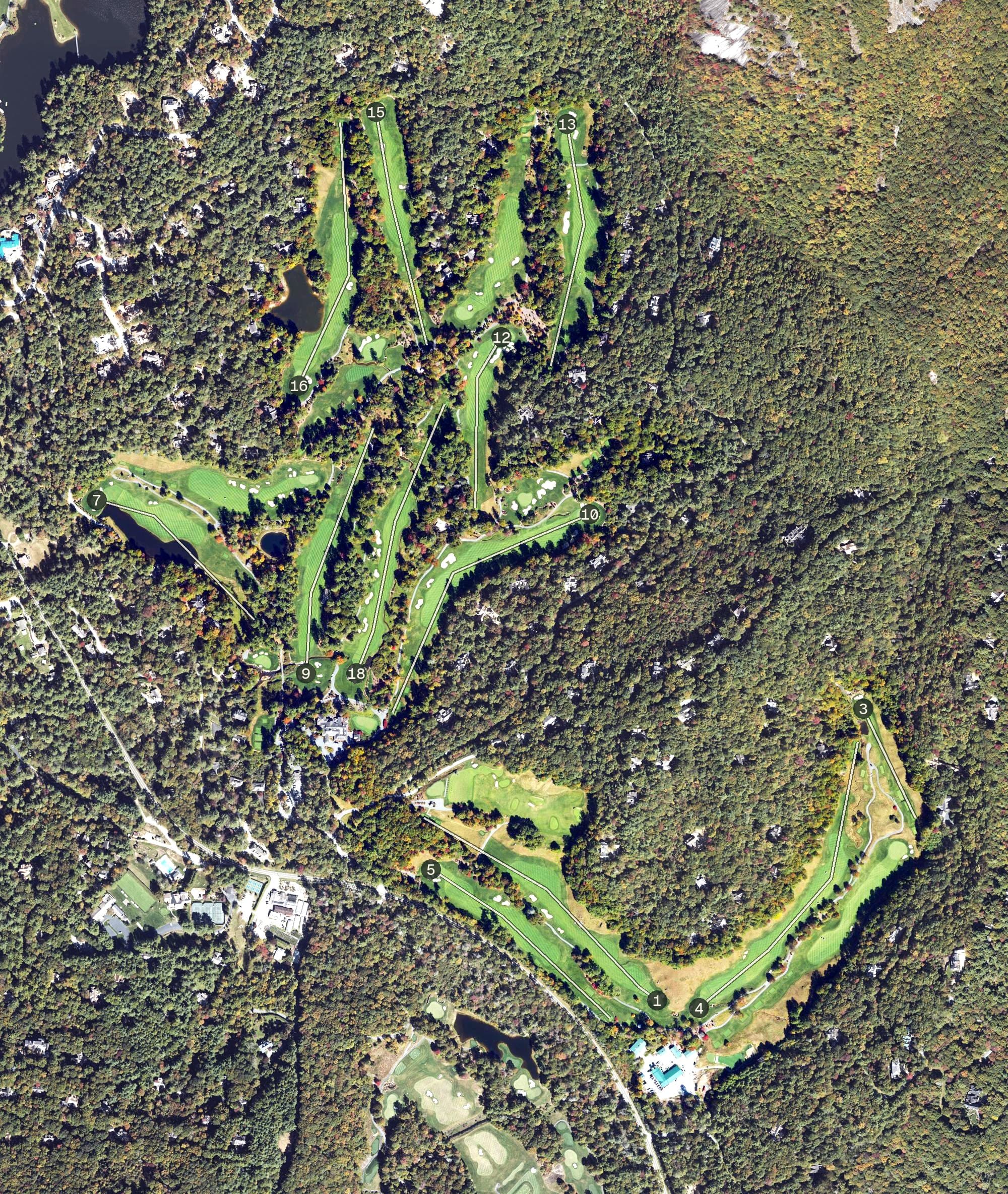 Aerial view of Wade Hampton Golf Club, NC, with its hole routing marked