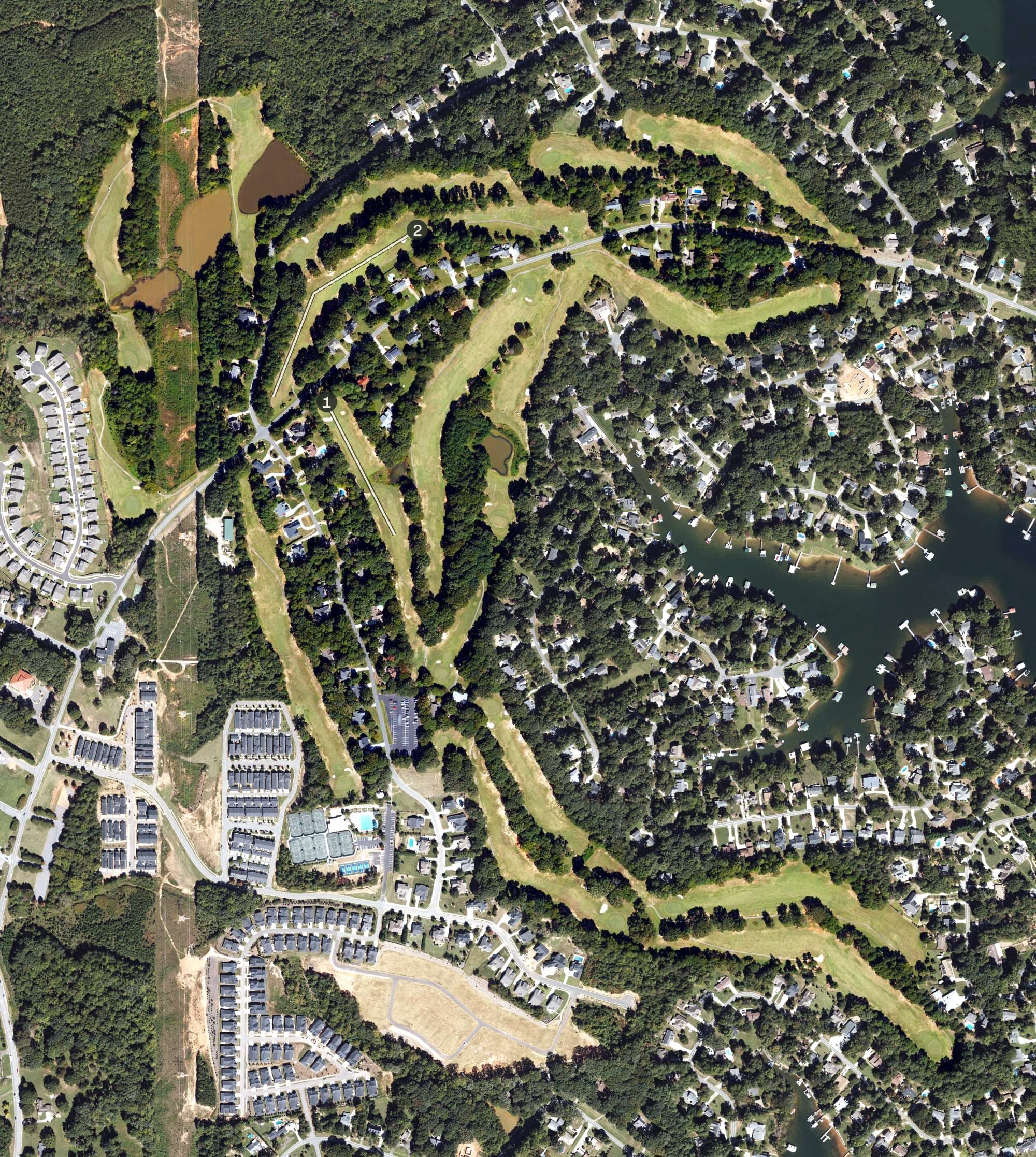 Aerial view of Westport Golf Club, NC, with its hole routing marked