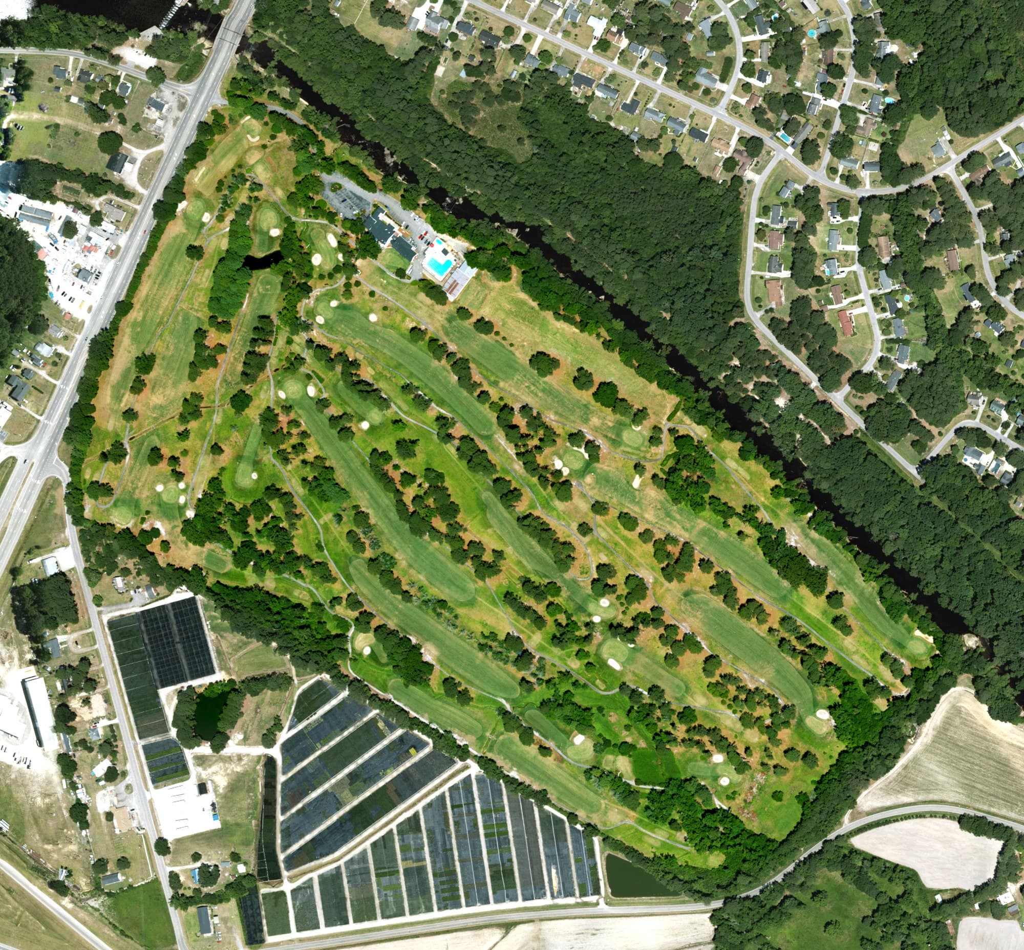 Aerial view of Willow Springs Country Club, NC, with its hole routing marked