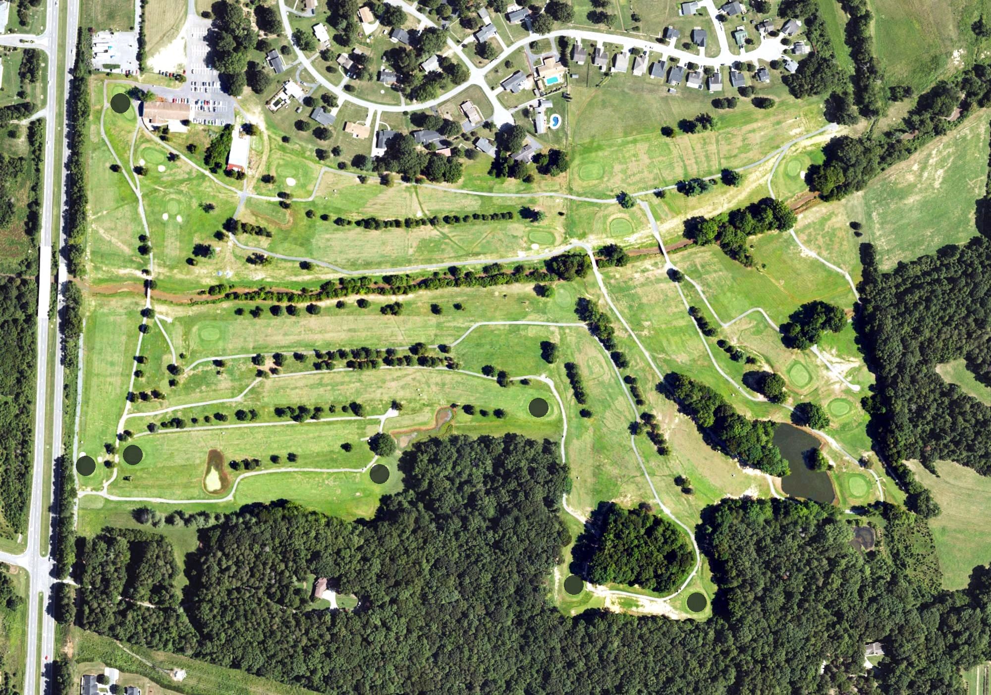 Aerial view of Wilshire Golf Club, NC, with its hole routing marked