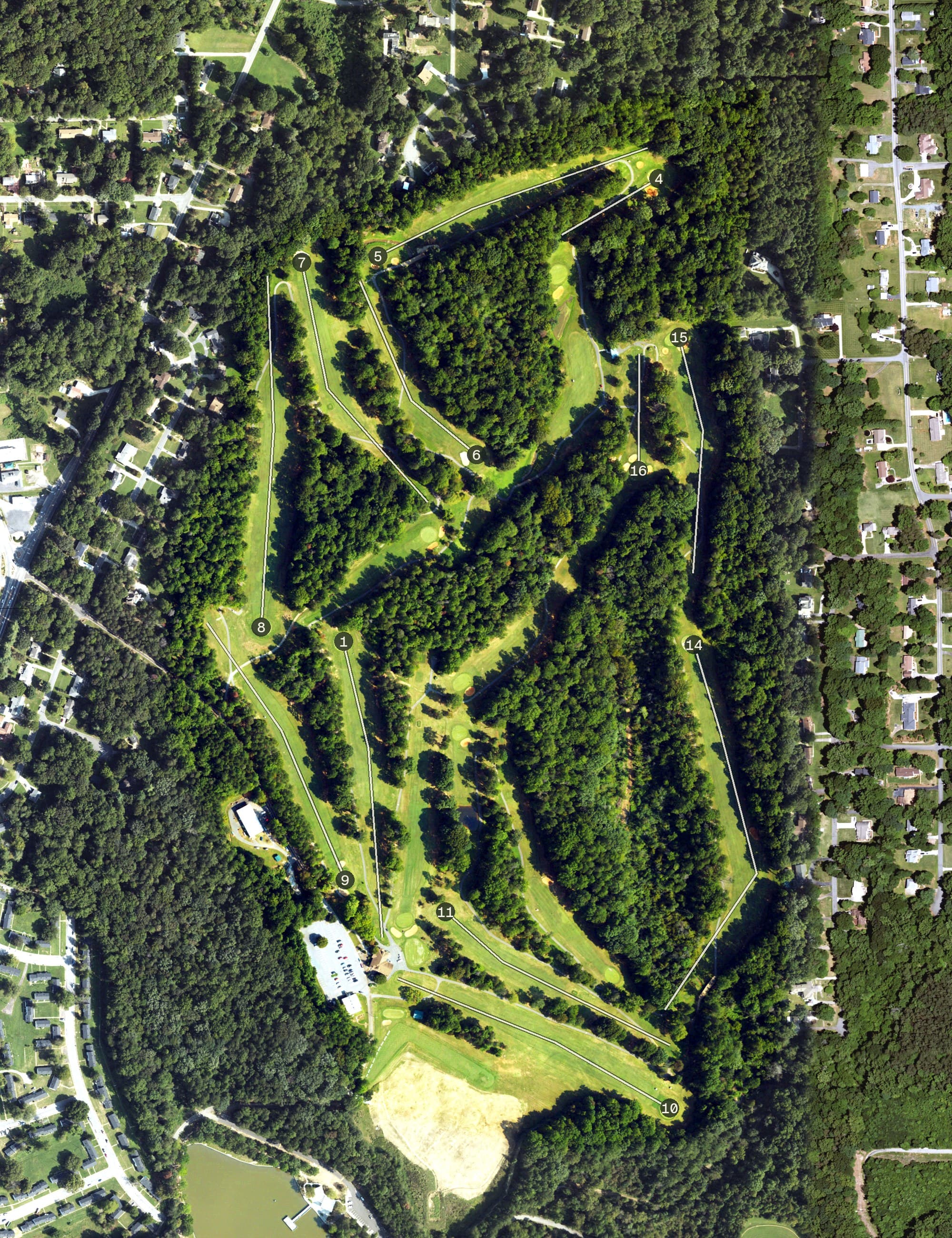 Aerial view of Winston Lake Golf Course, NC, with its hole routing marked
