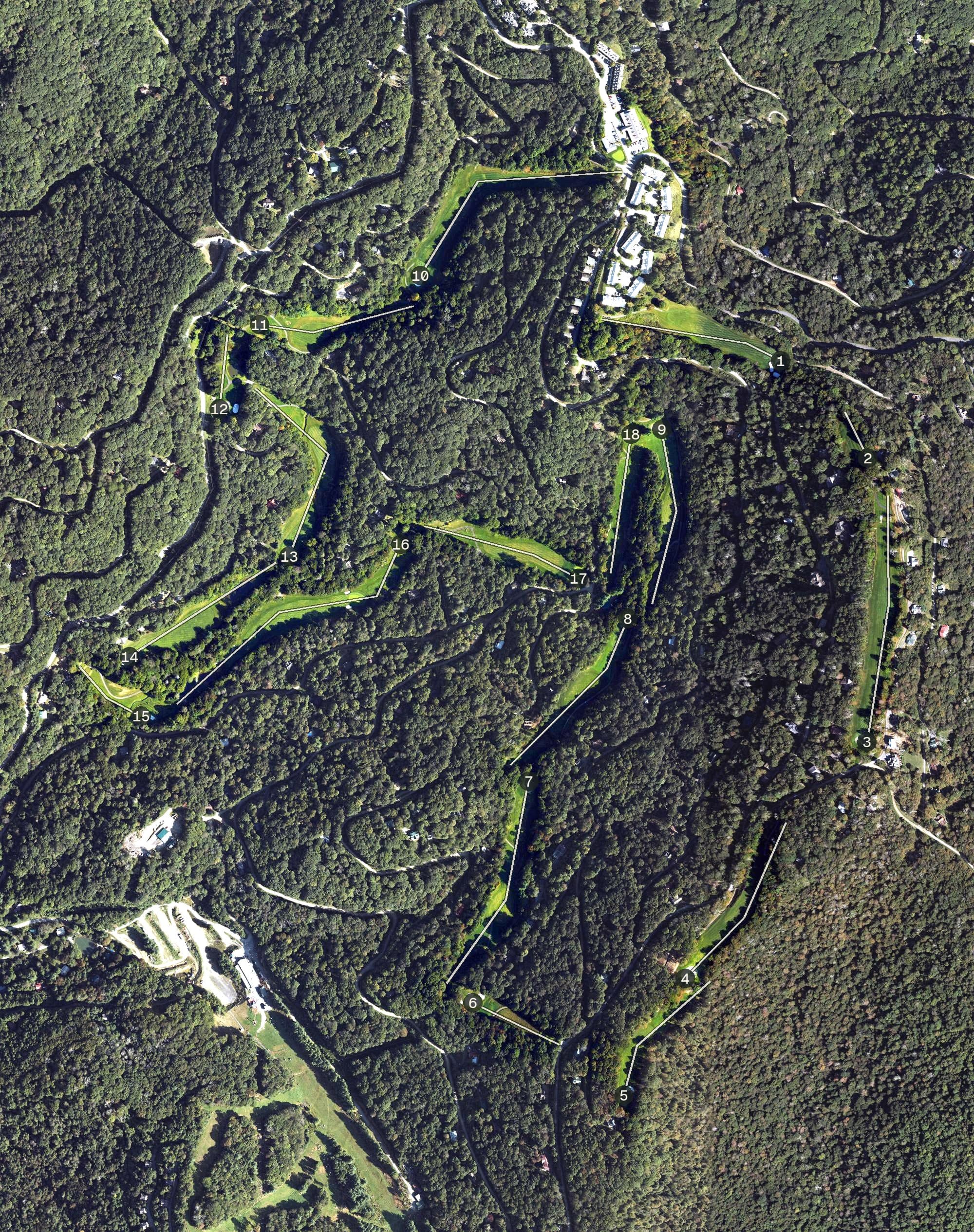 Aerial view of Wolf Laurel Country Club, NC, with its hole routing marked
