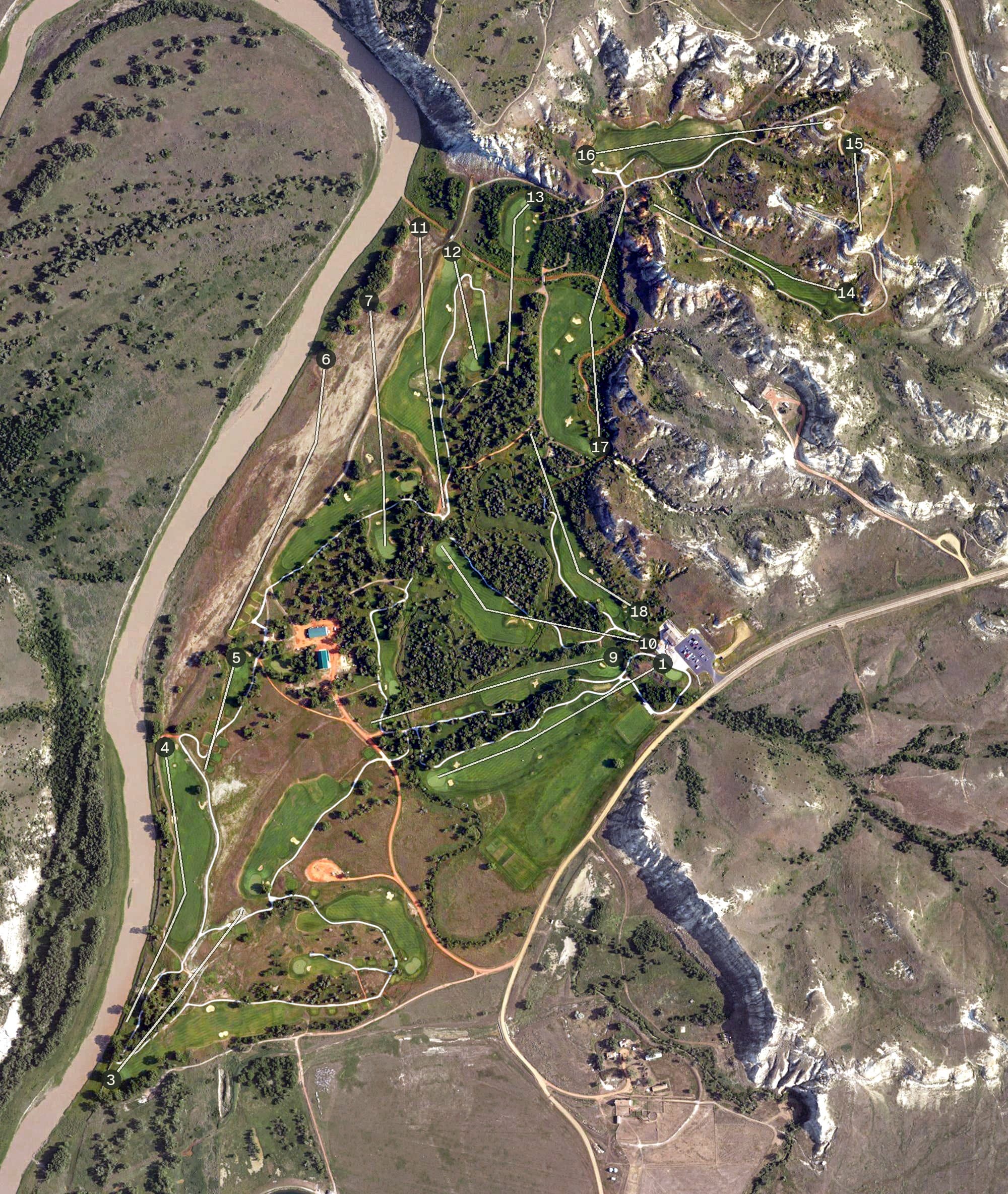 Aerial view of Bully Pulpit Golf Course, ND, with its hole routing marked