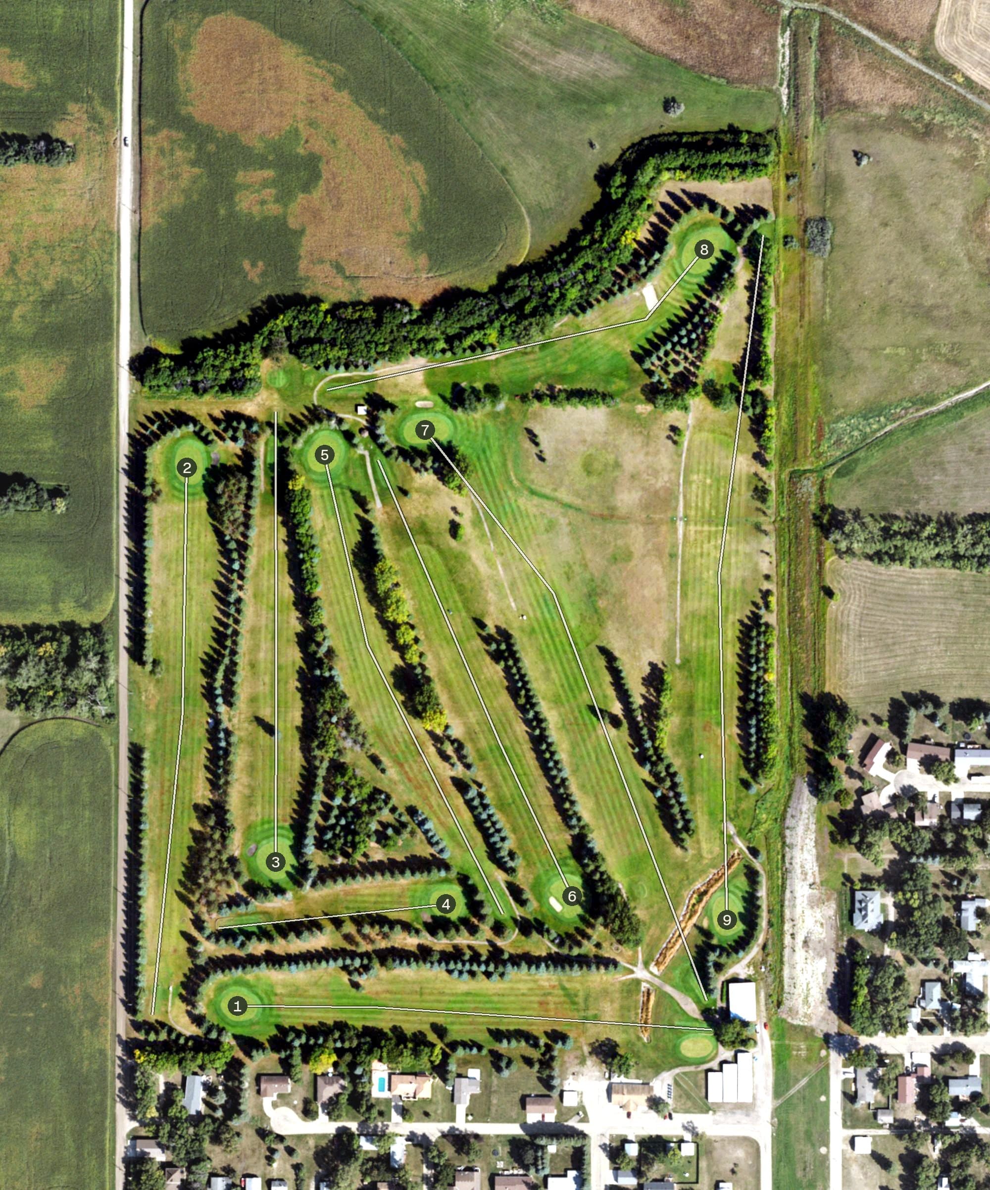 Aerial view of Cooperstown Country Club, ND, with its hole routing marked