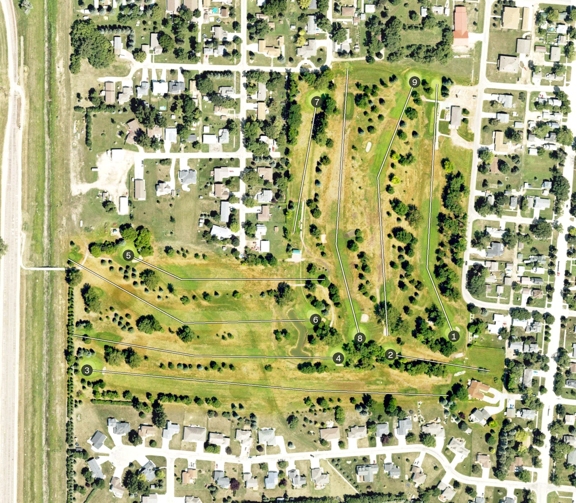 Aerial view of Cottonwood Golf Club, ND, with its hole routing marked