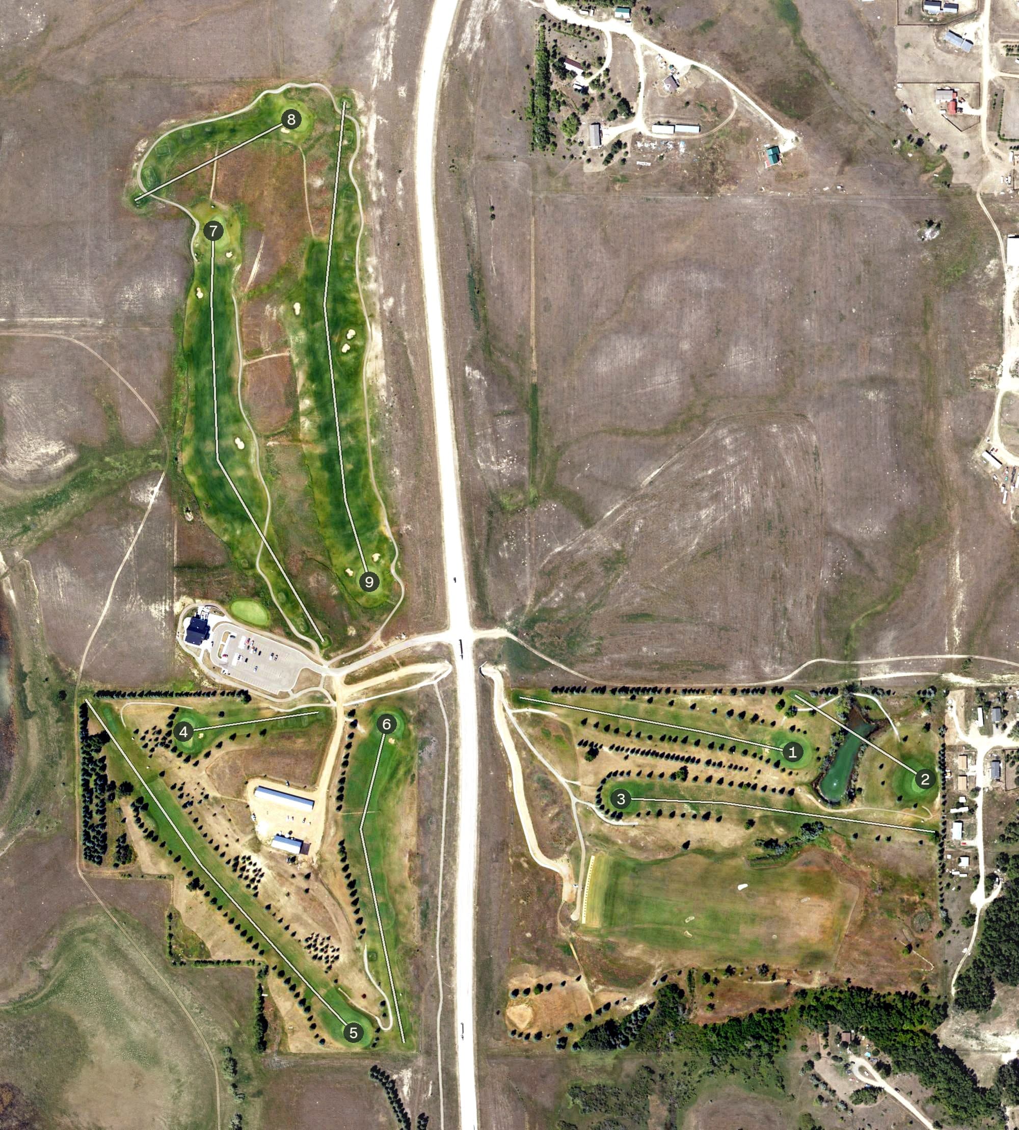 Aerial view of Edgewater Country Club, ND, with its hole routing marked
