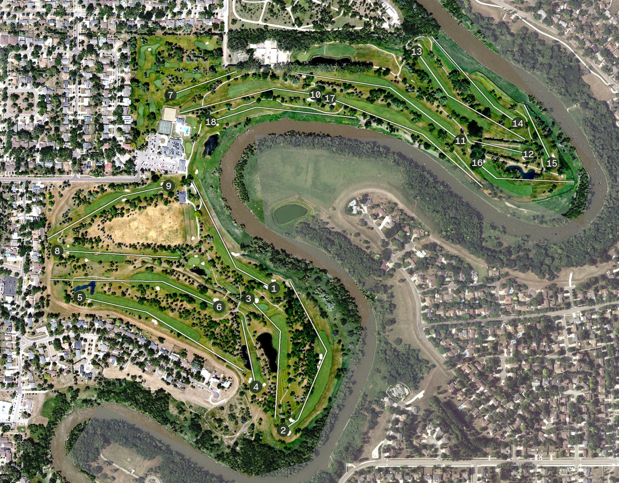 Aerial view of Fargo Country Club, ND, with its hole routing marked
