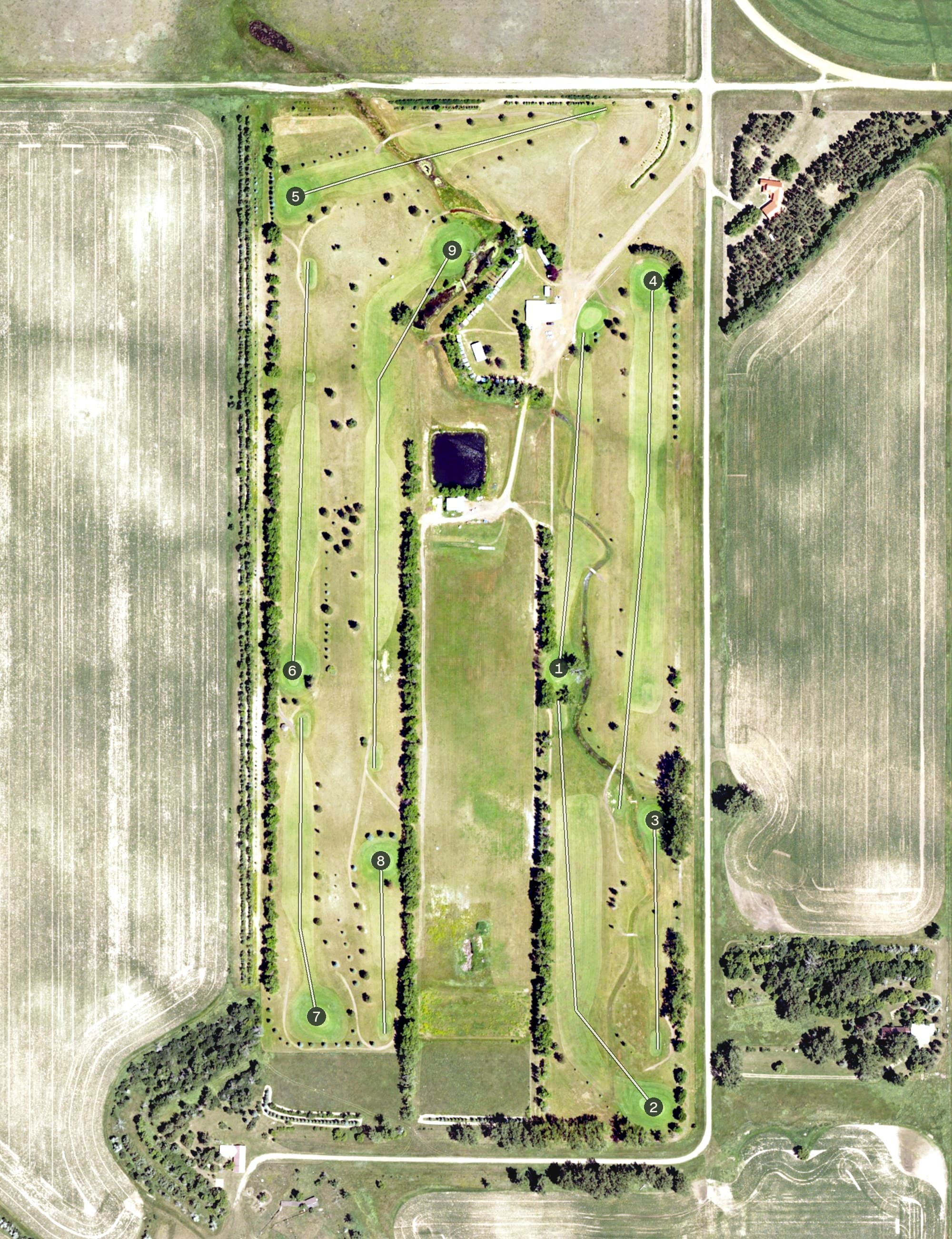 Aerial view of Hettinger Country Club, ND, with its hole routing marked