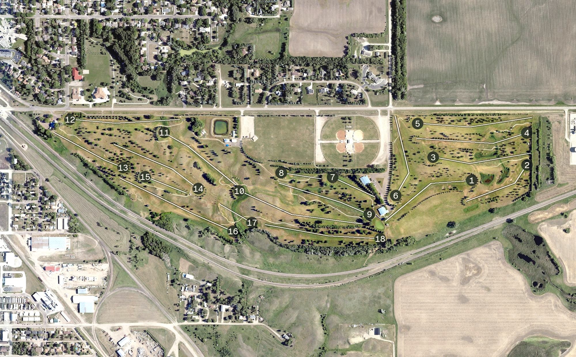 Aerial view of Hillcrest Municiple Golf Course, ND, with its hole routing marked