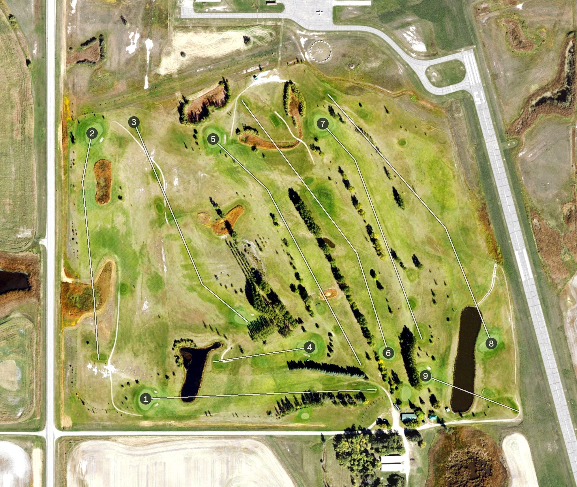 Aerial view of Lakota Rock Creek Golf Course, ND, with its hole routing marked