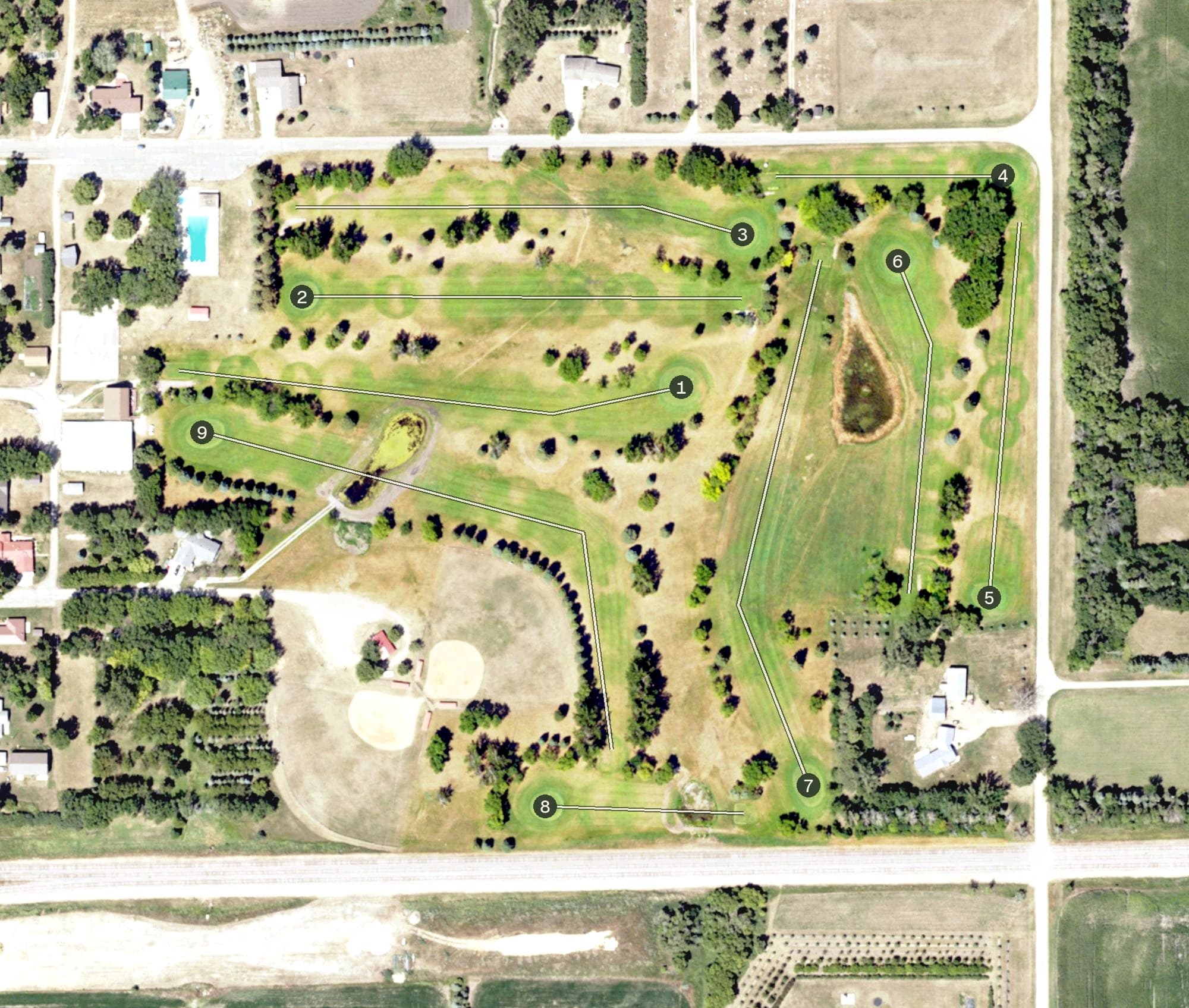 Aerial view of Lidgerwood Golf Course, ND, with its hole routing marked