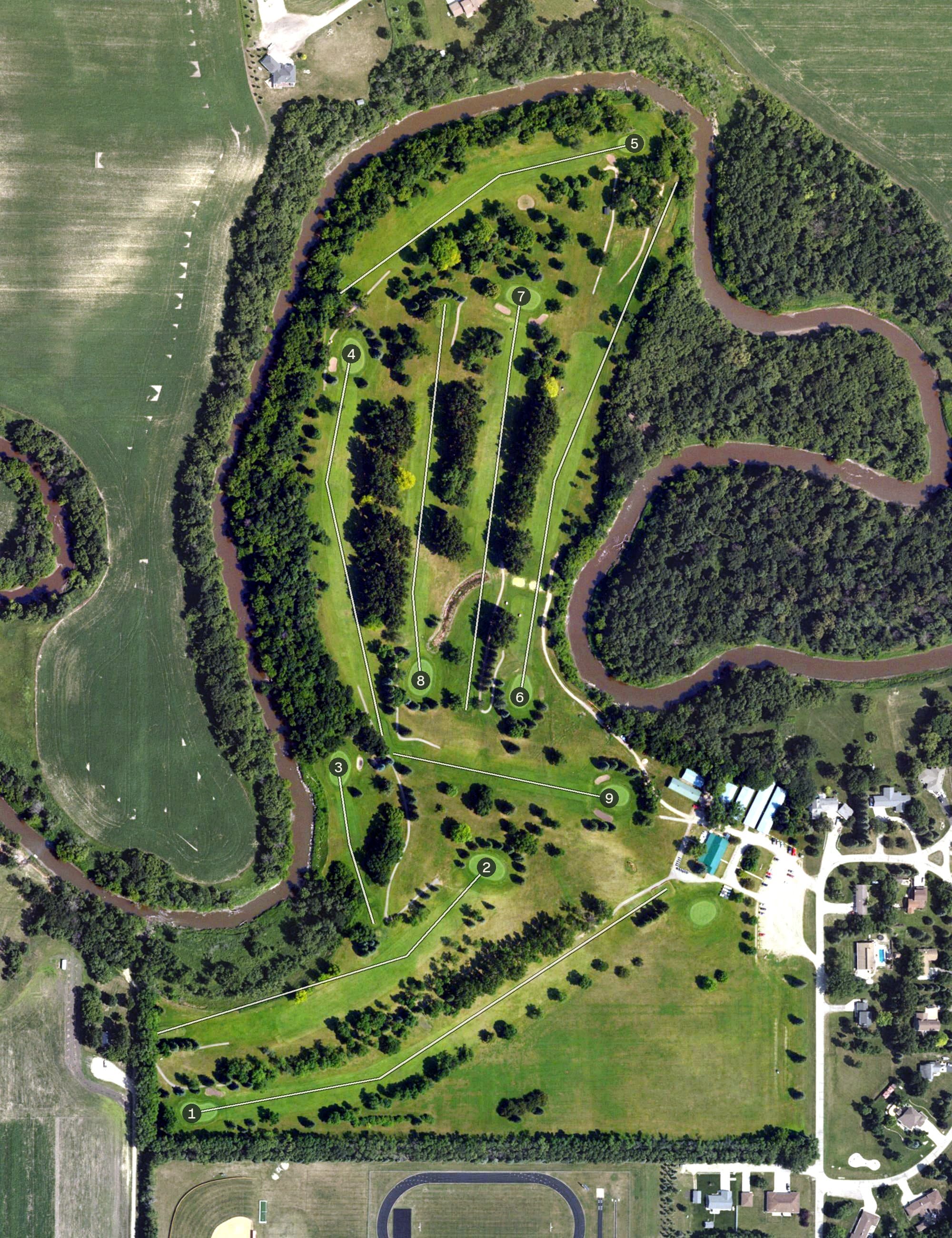 Aerial view of Mayville Golf Club, ND, with its hole routing marked