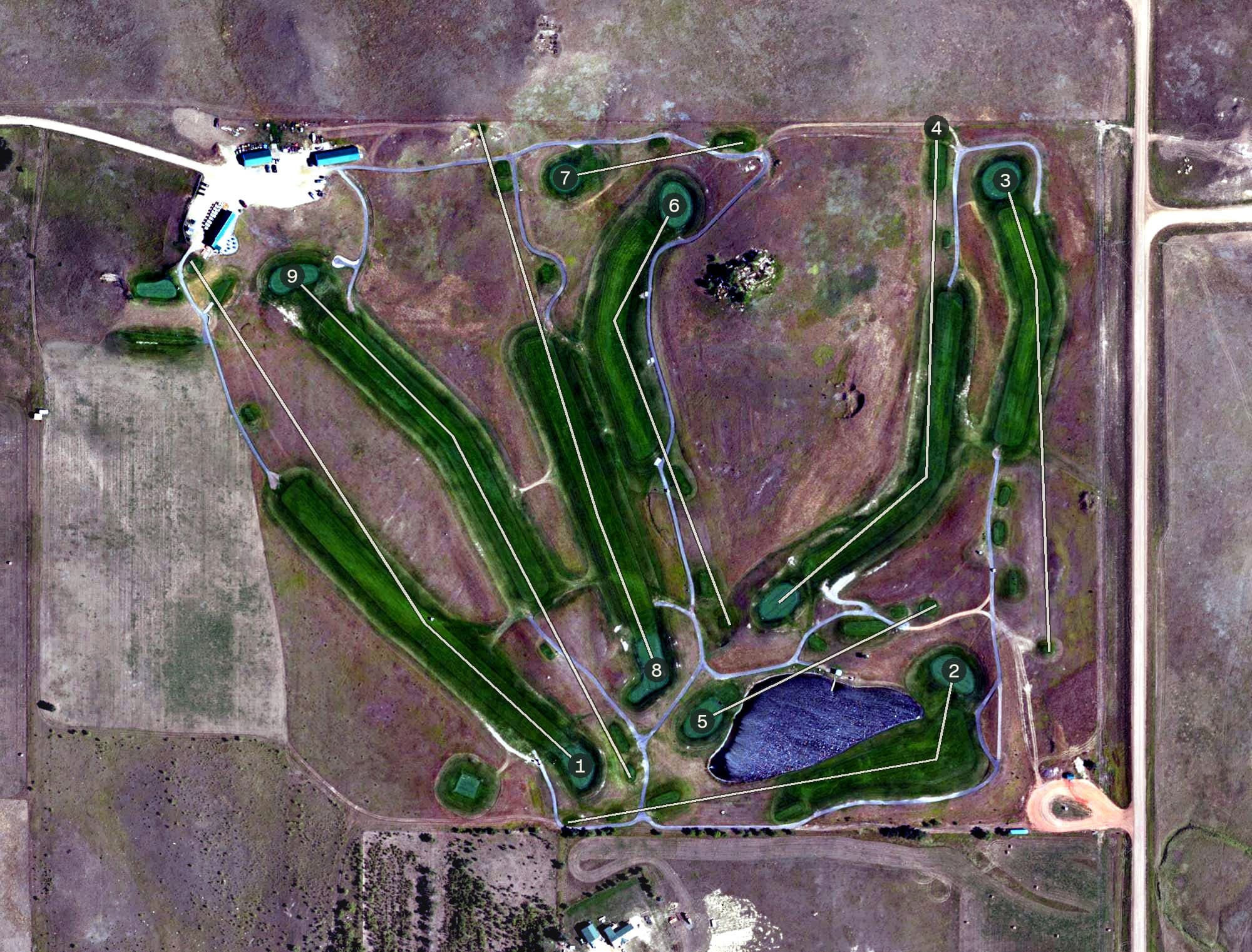 Aerial view of Medicine Hole Golf Course, ND, with its hole routing marked