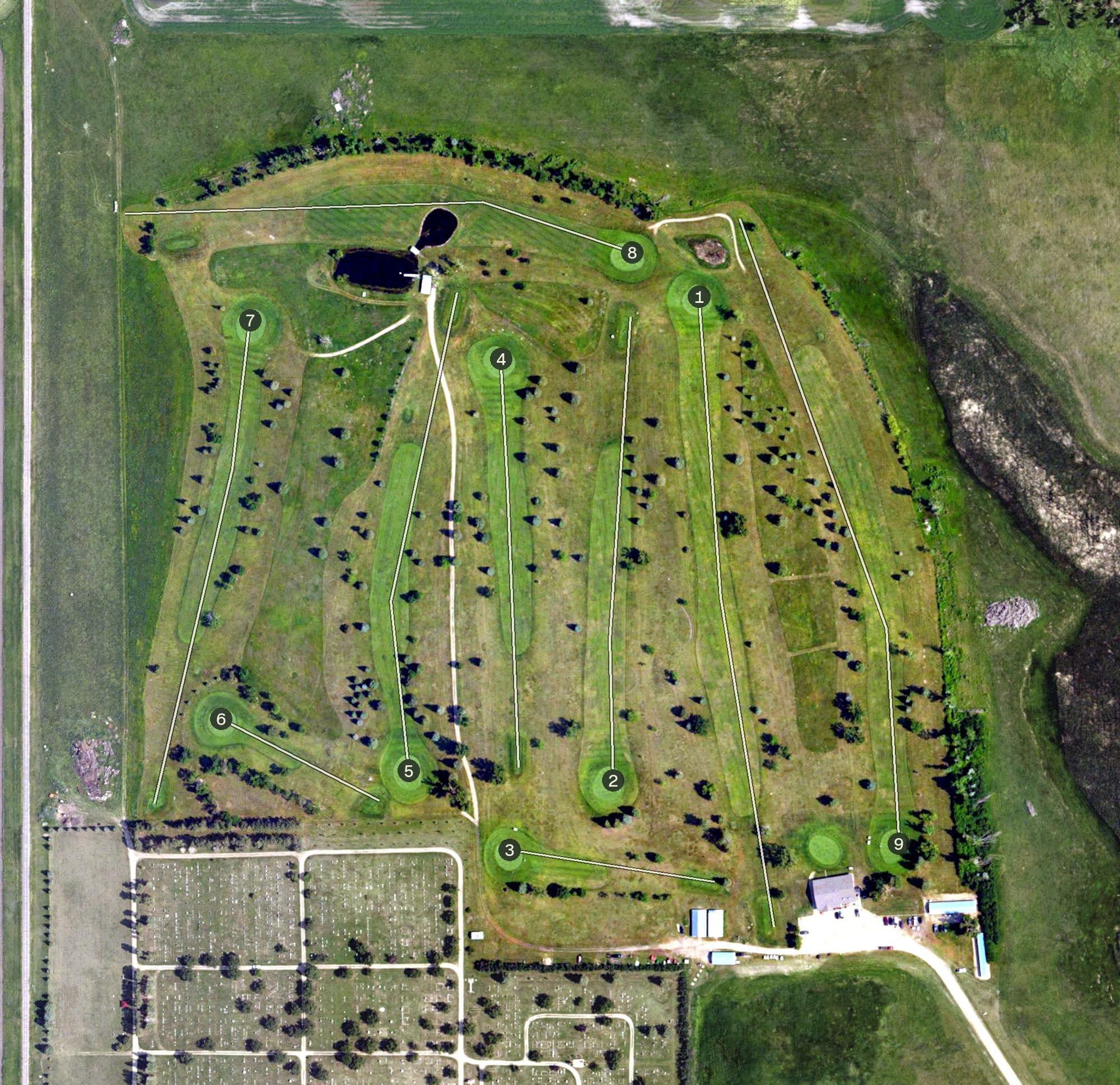 Aerial view of New Rockford Golf Course, ND, with its hole routing marked