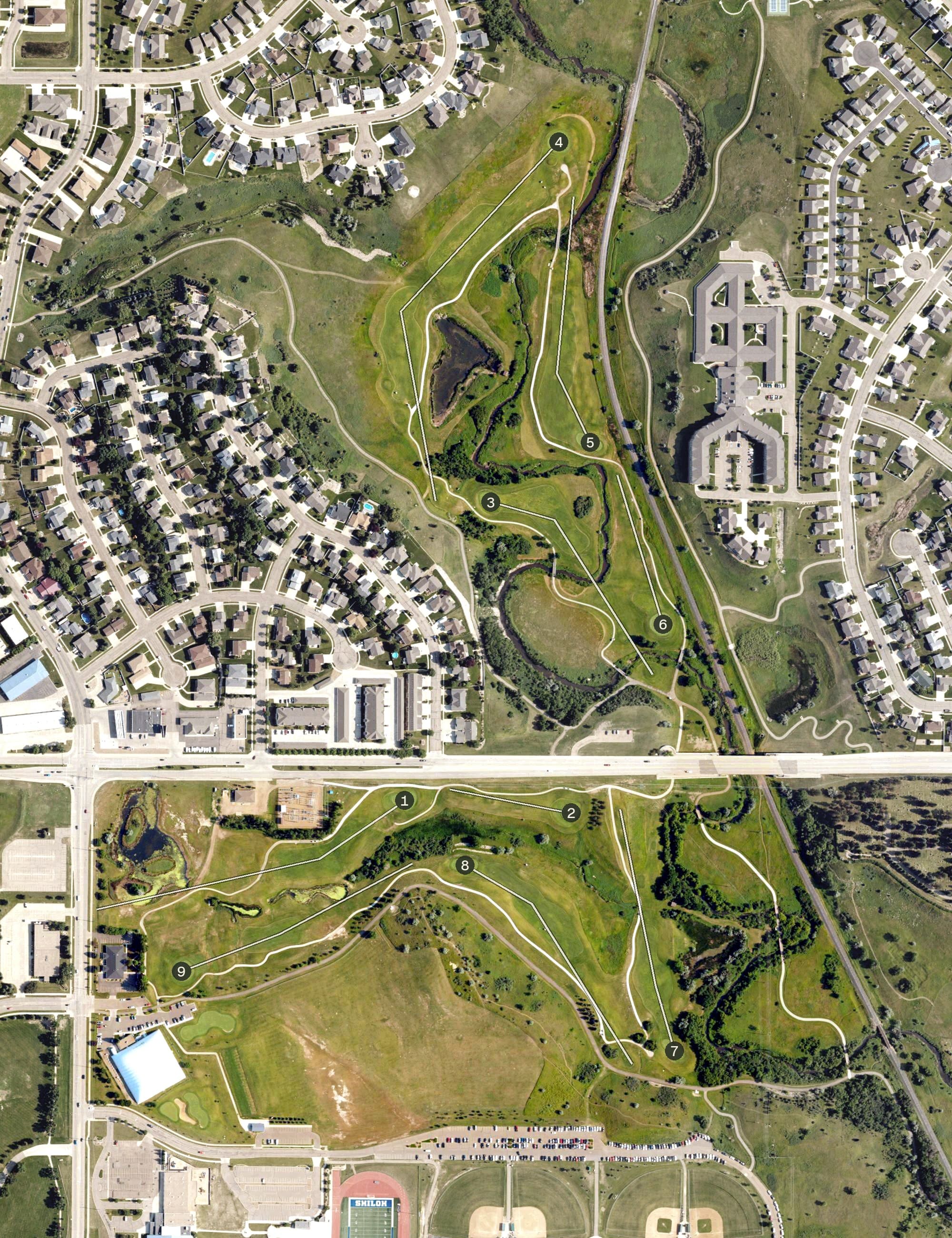 Aerial view of Pebble Creek Golf Course, ND, with its hole routing marked