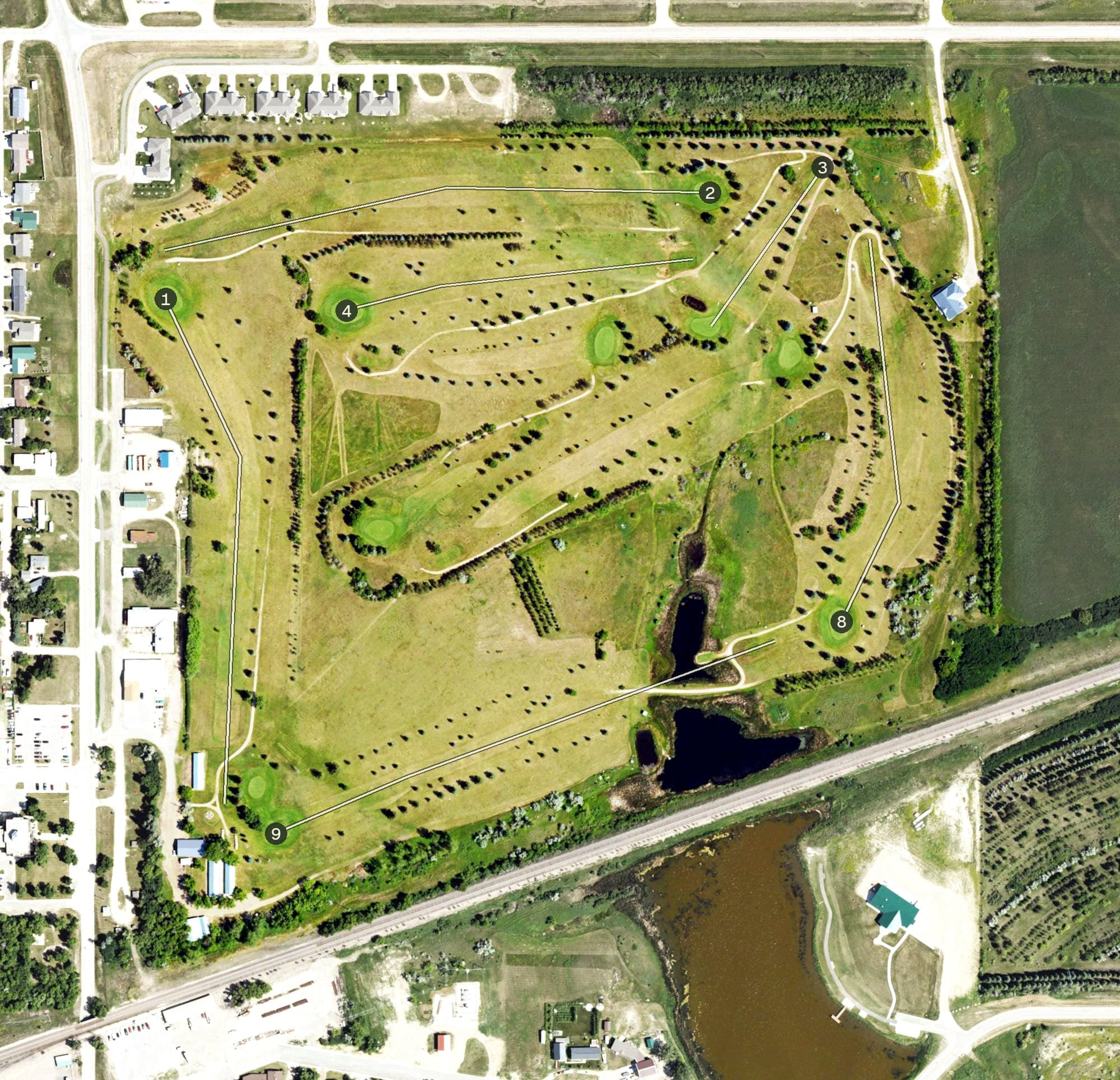 Aerial view of Prairie Rose Golf Course, ND, with its hole routing marked