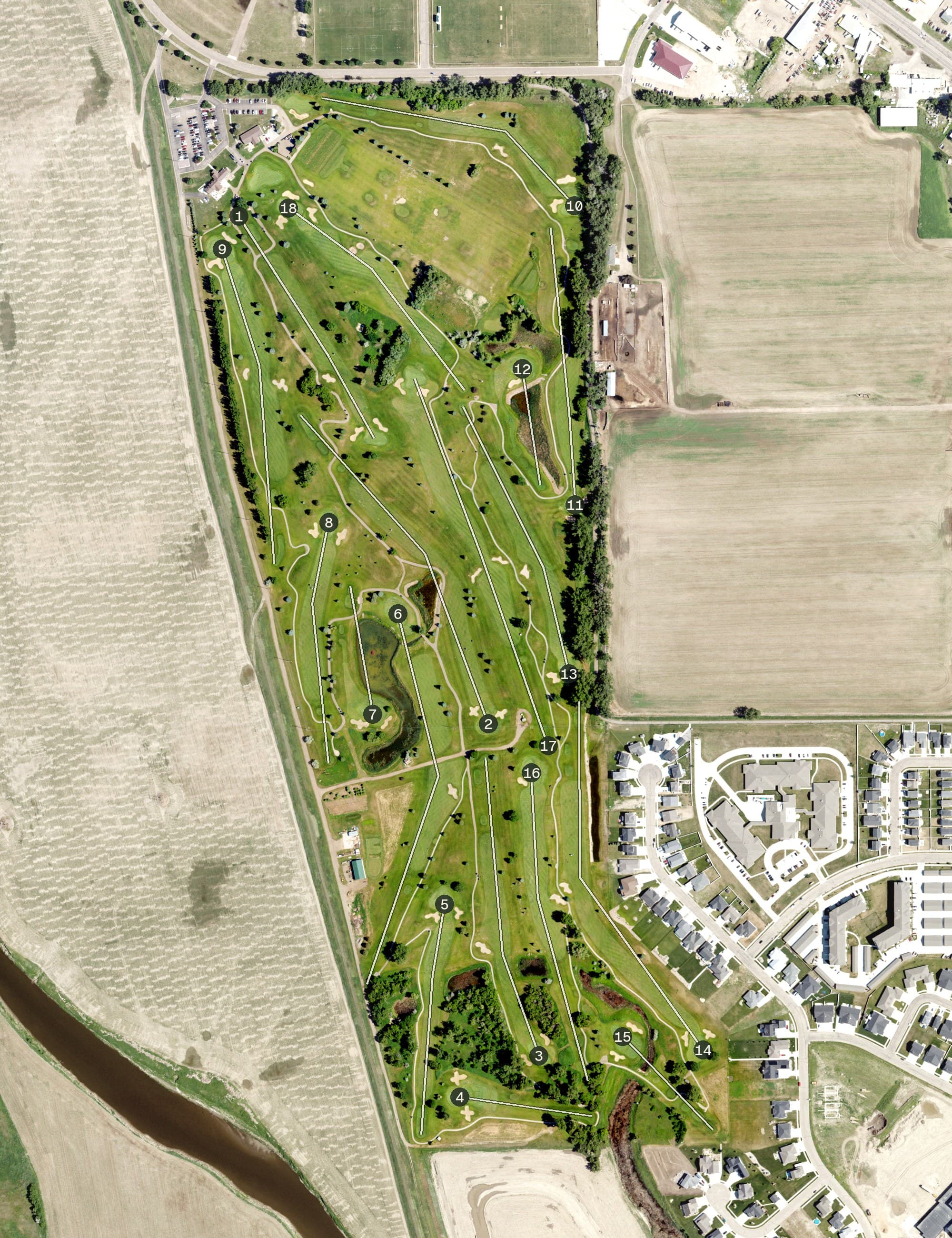 Aerial view of Prairie West Golf Course, ND, with its hole routing marked