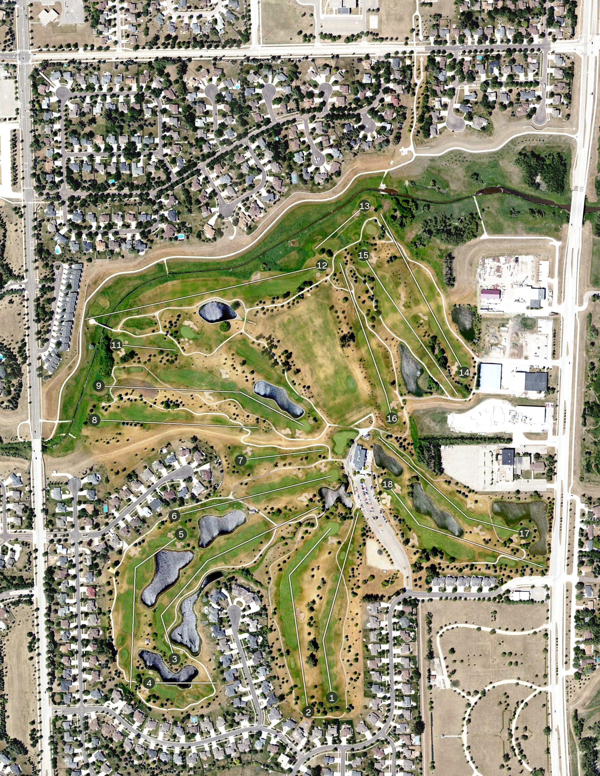 Aerial view of Rose Creek Golf Course, ND, with its hole routing marked