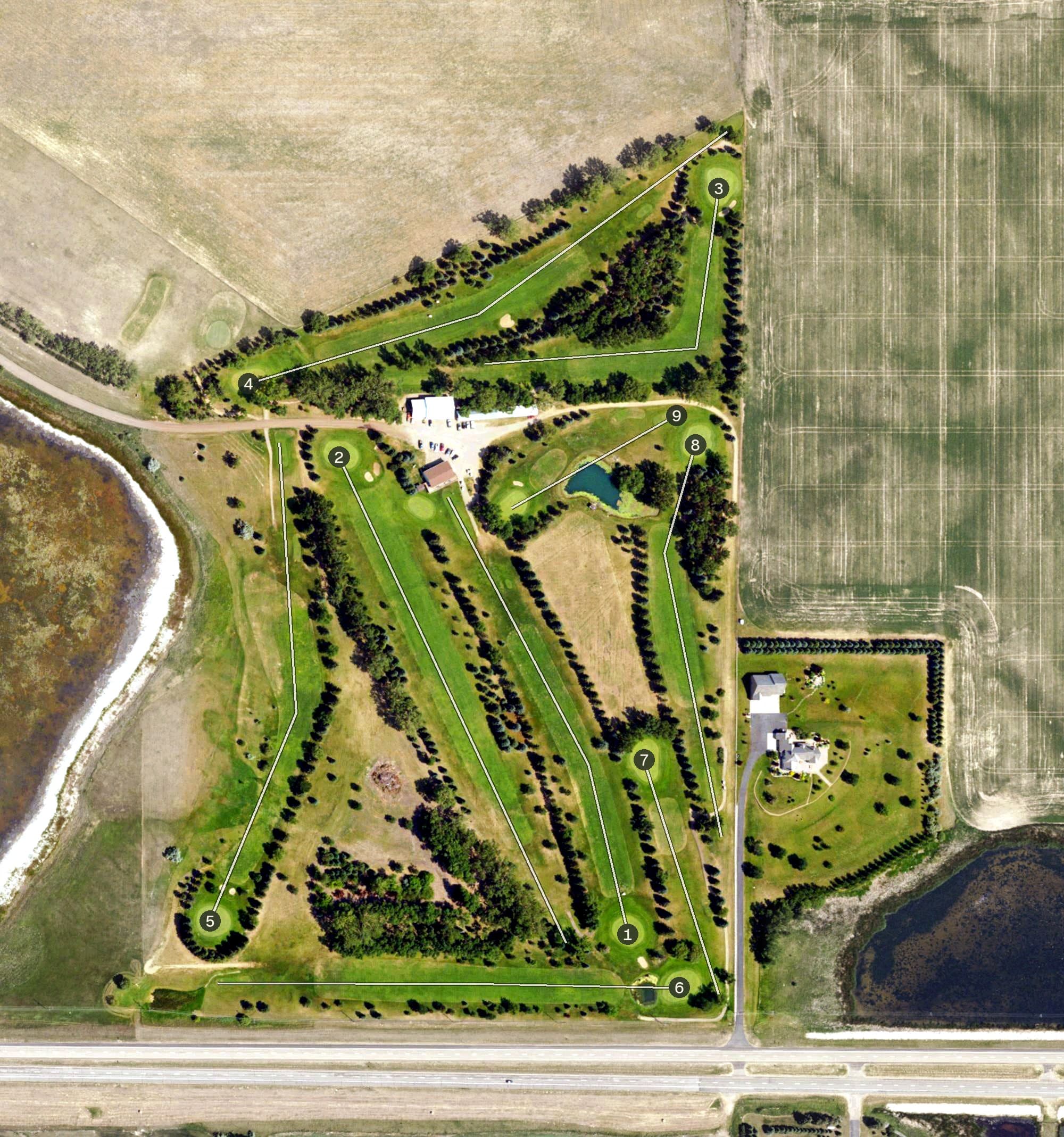 Aerial view of Rugby Country Club, ND, with its hole routing marked