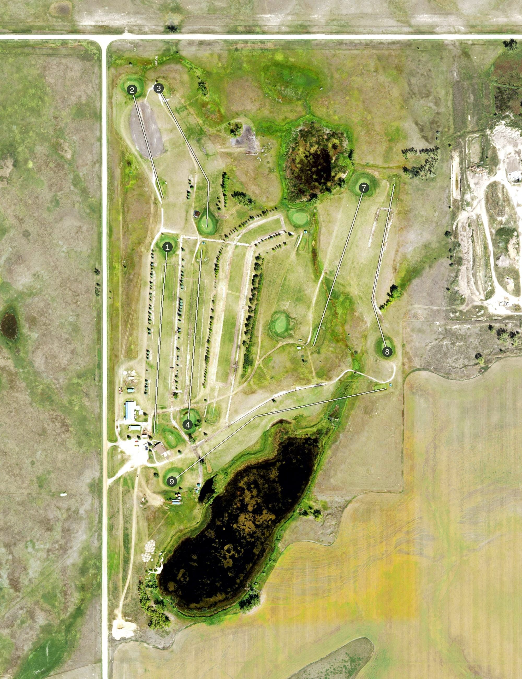 Aerial view of Tioga Golf Course, ND, with its hole routing marked