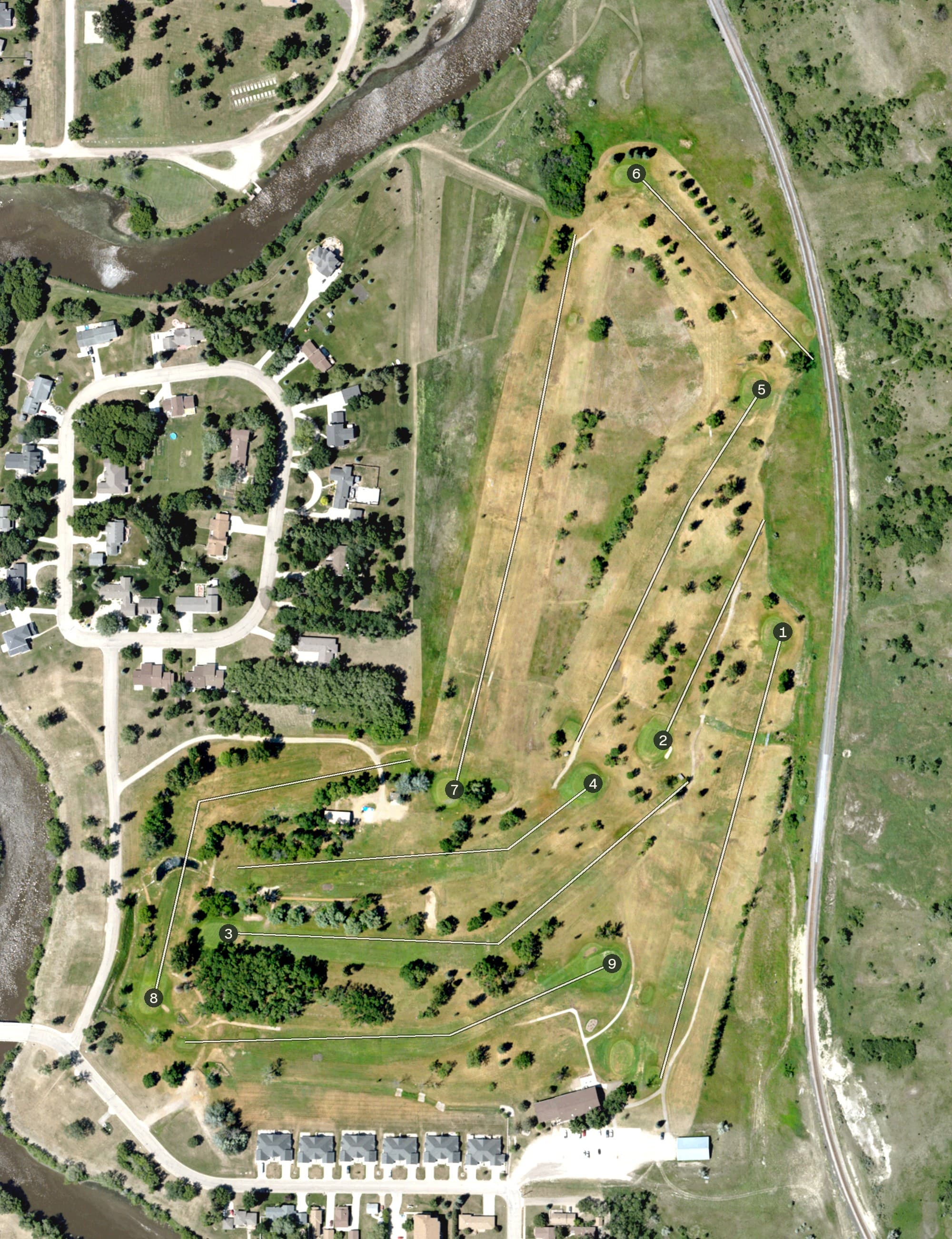 Aerial view of Valley City Golf & Country Club, ND, with its hole routing marked