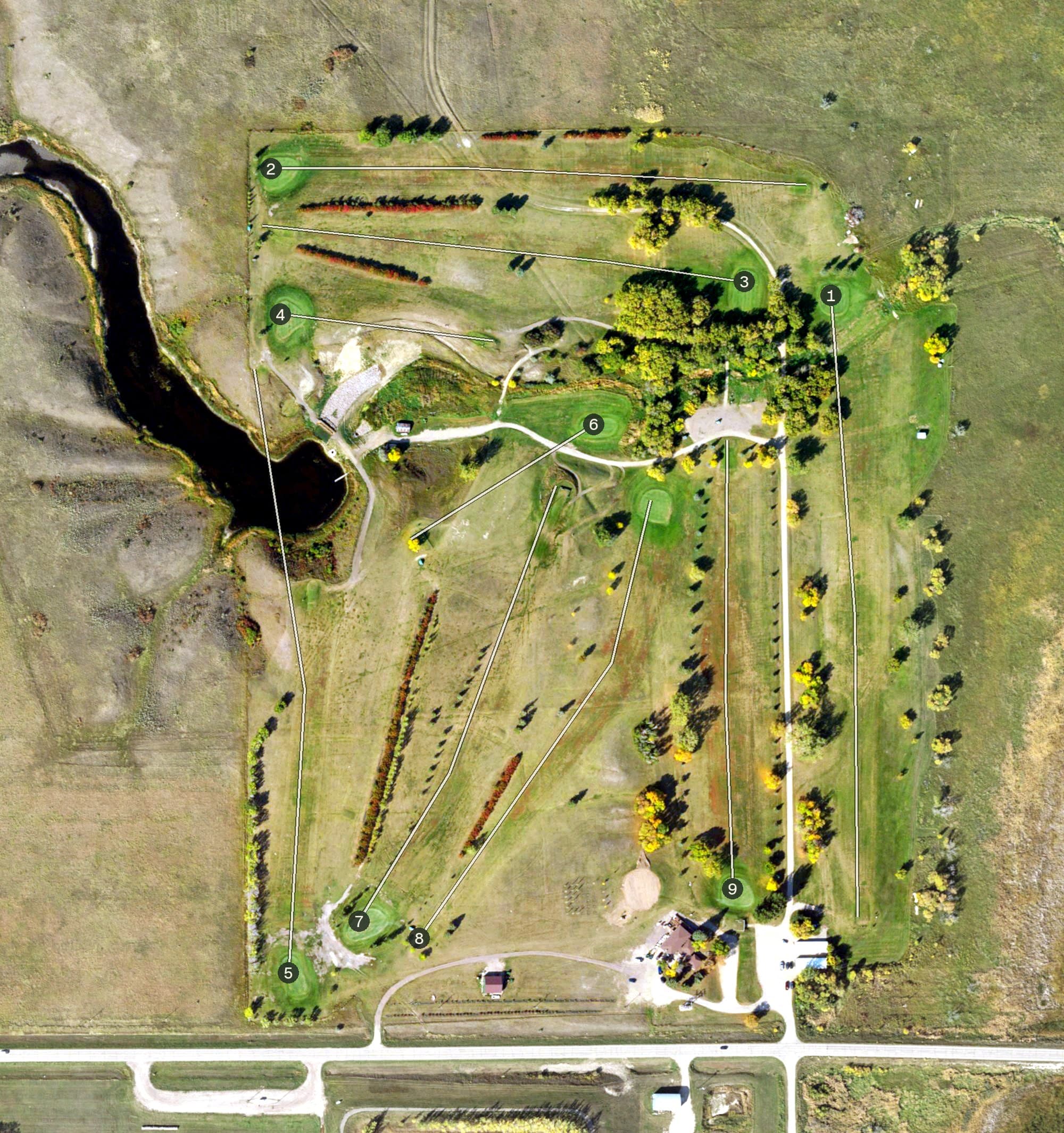 Aerial view of Westhope Country Club, ND, with its hole routing marked