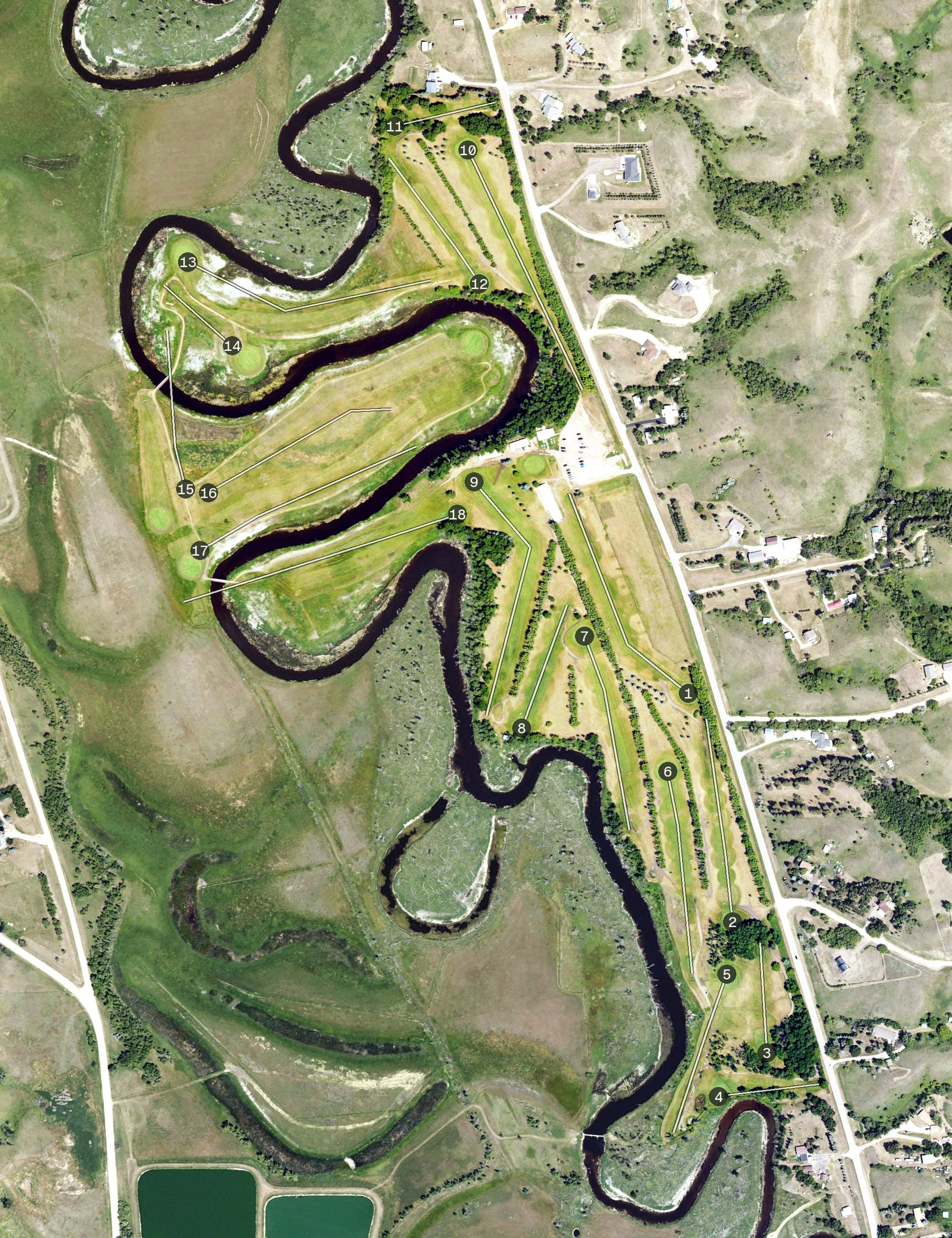 Aerial view of Wildwood Country Club, ND, with its hole routing marked
