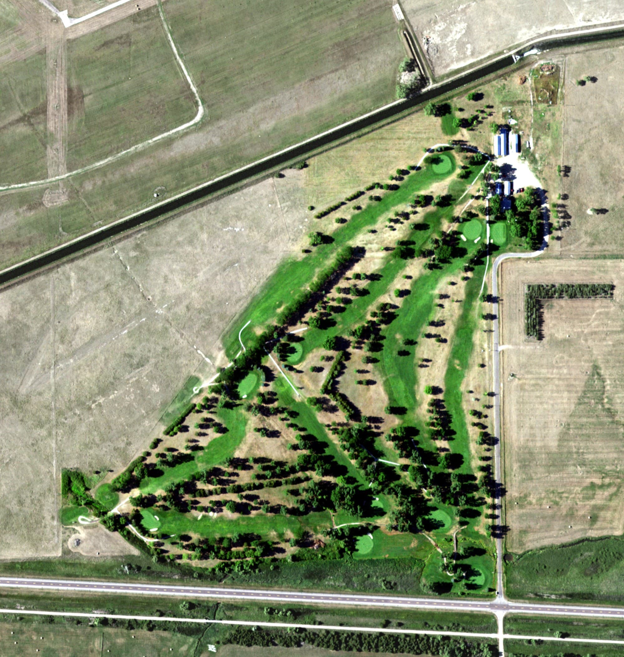 Aerial view of Ainsworth Municipal Golf Course, NE, with its hole routing marked