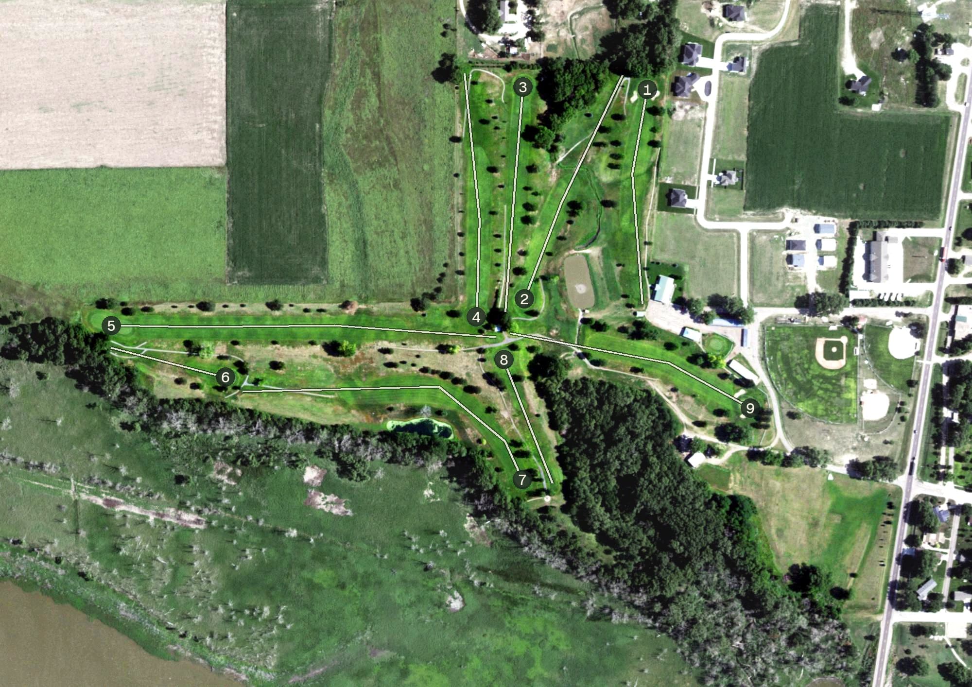 Aerial view of Alma Municipal Golf Course, NE, with its hole routing marked