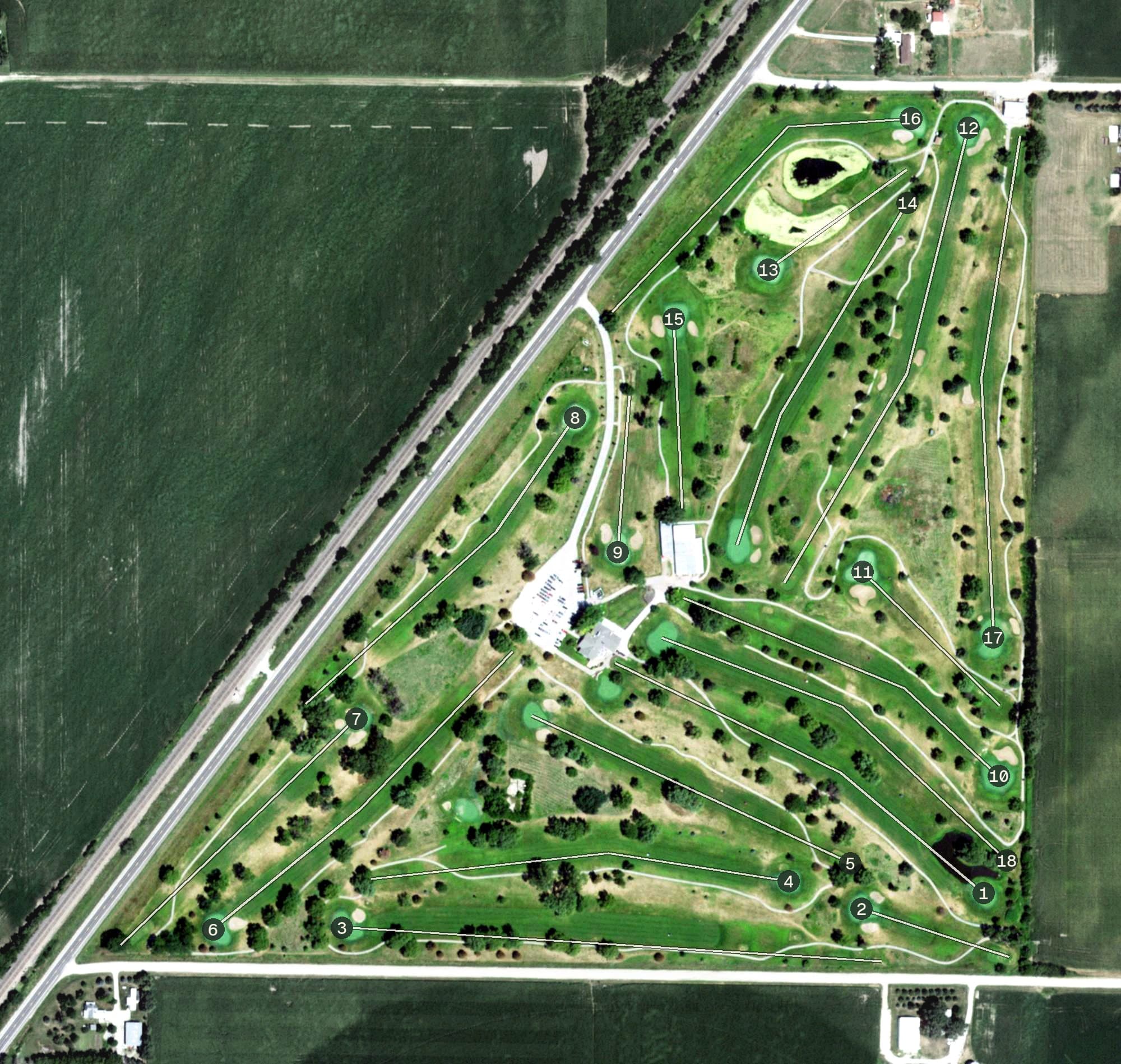 Aerial view of Ashland Golf Club, NE, with its hole routing marked