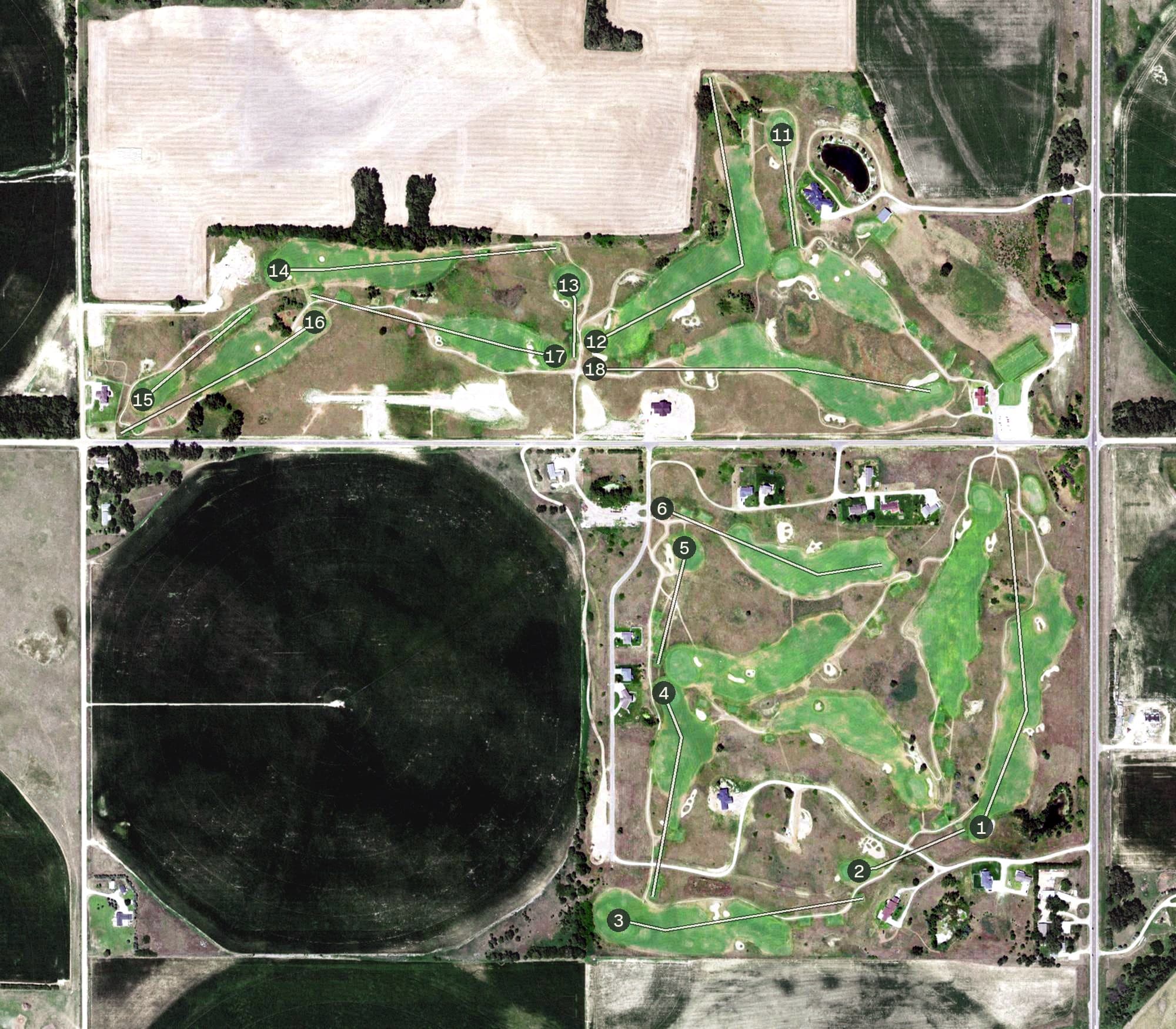 Aerial view of Awarii Dunes Golf Course, NE, with its hole routing marked