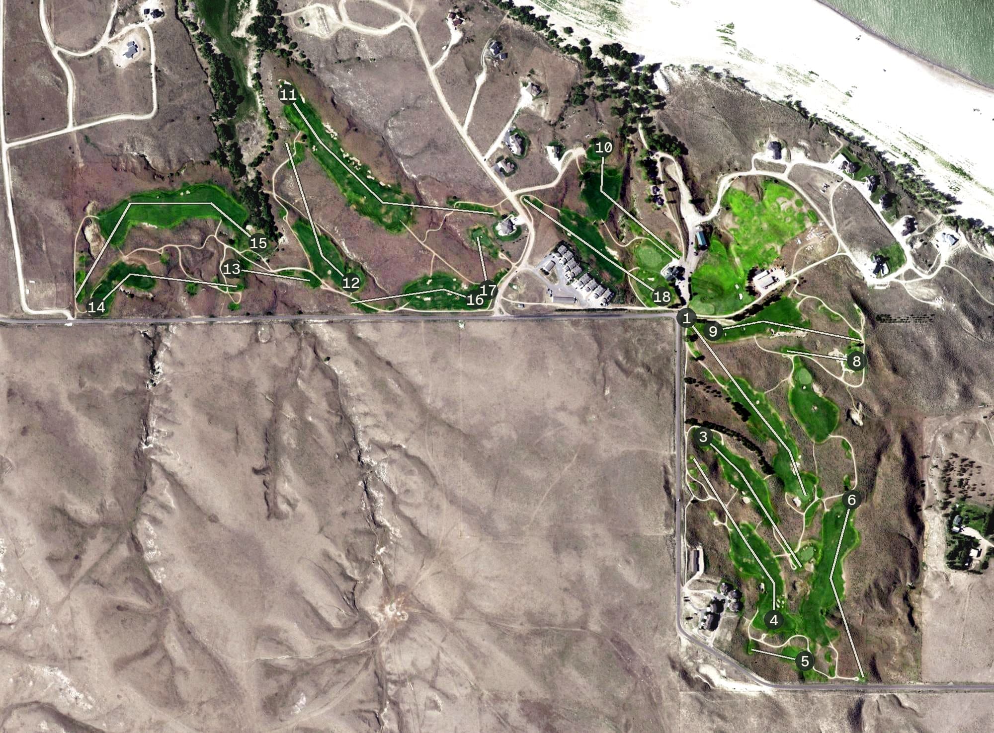 Aerial view of Bayside Golf Club, NE, with its hole routing marked