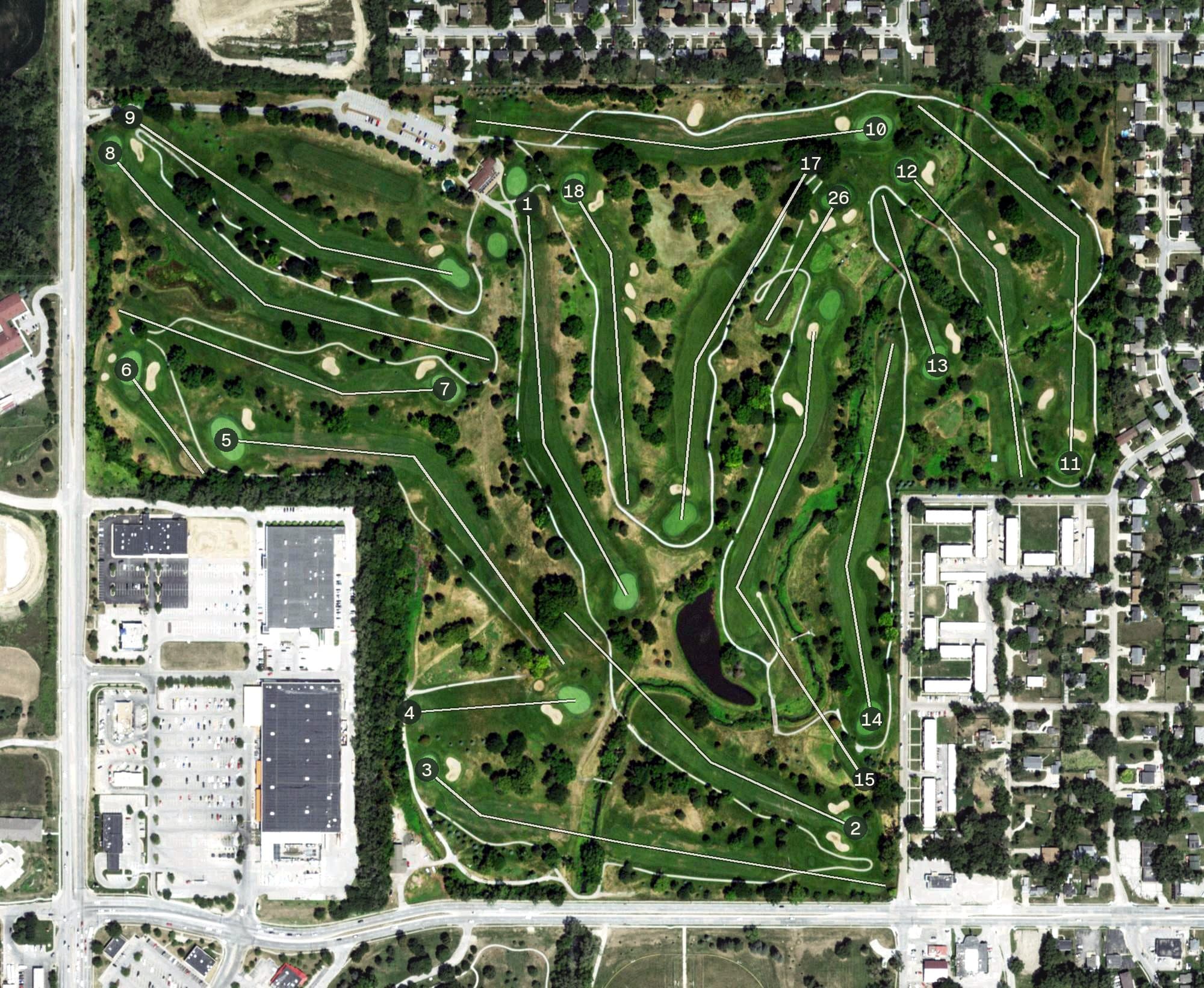 Aerial view of Benson Park Golf Course, NE, with its hole routing marked