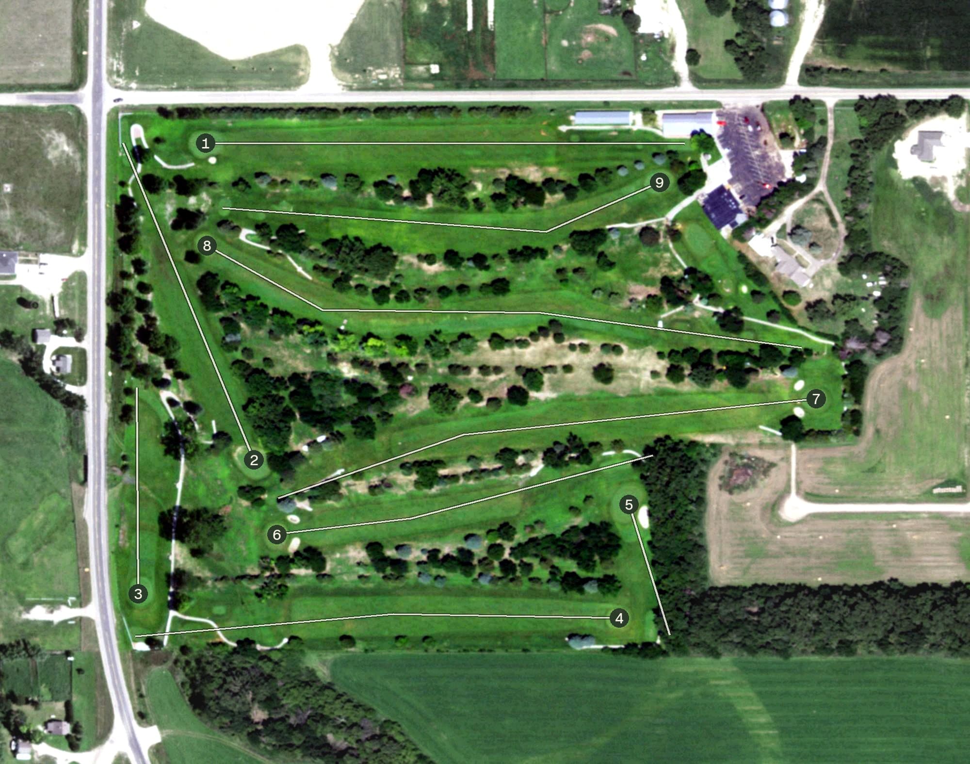 Aerial view of Broken Bow Country Club, NE, with its hole routing marked