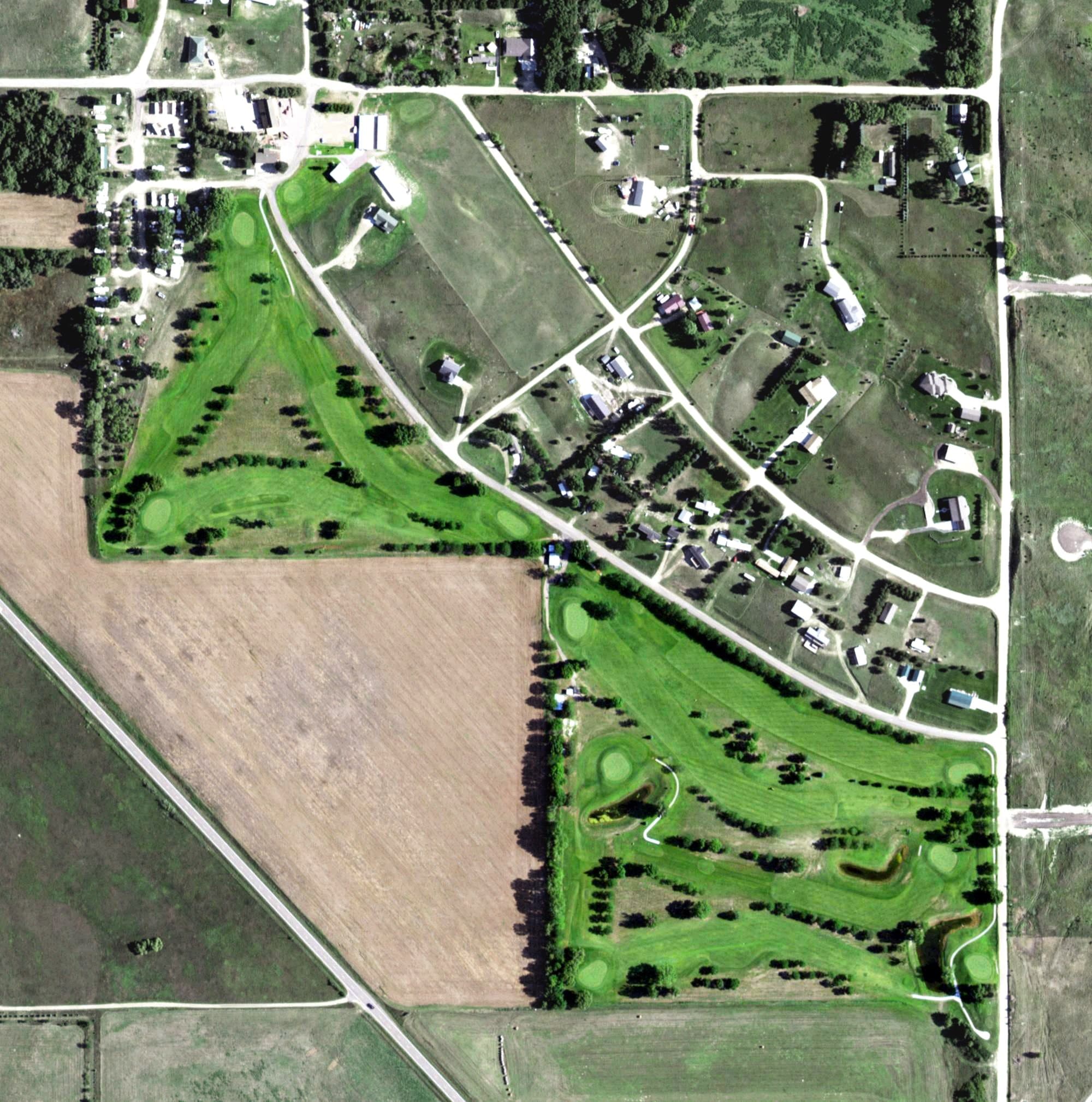 Aerial view of Calamus Golf Course, NE, with its hole routing marked