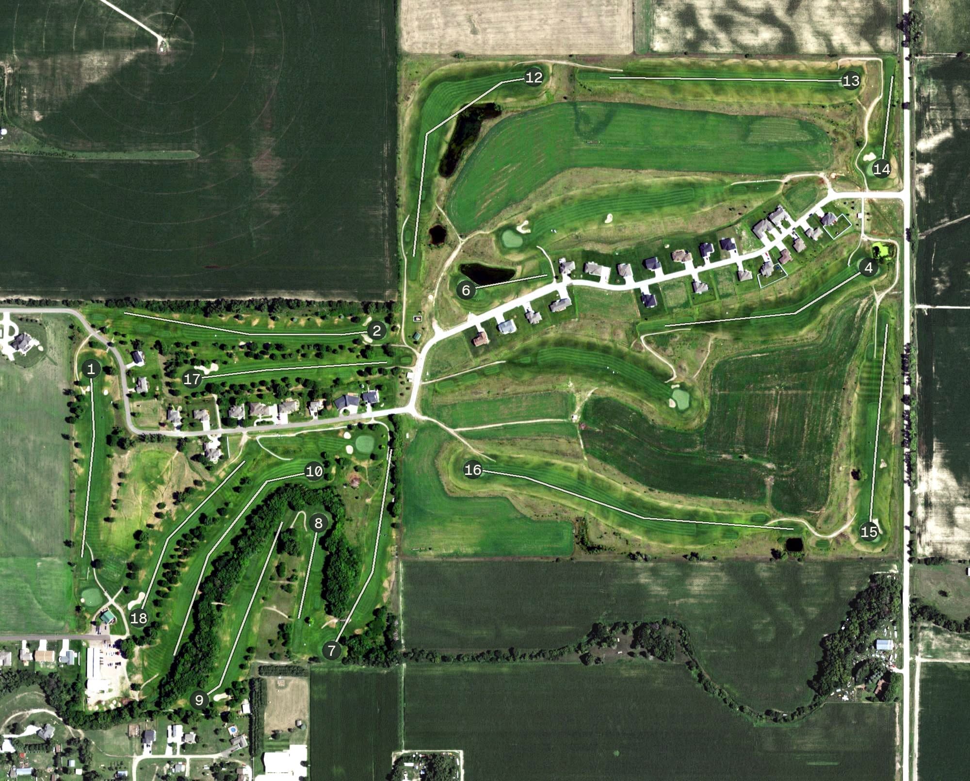 Aerial view of Centura Hills Golf Club, NE, with its hole routing marked