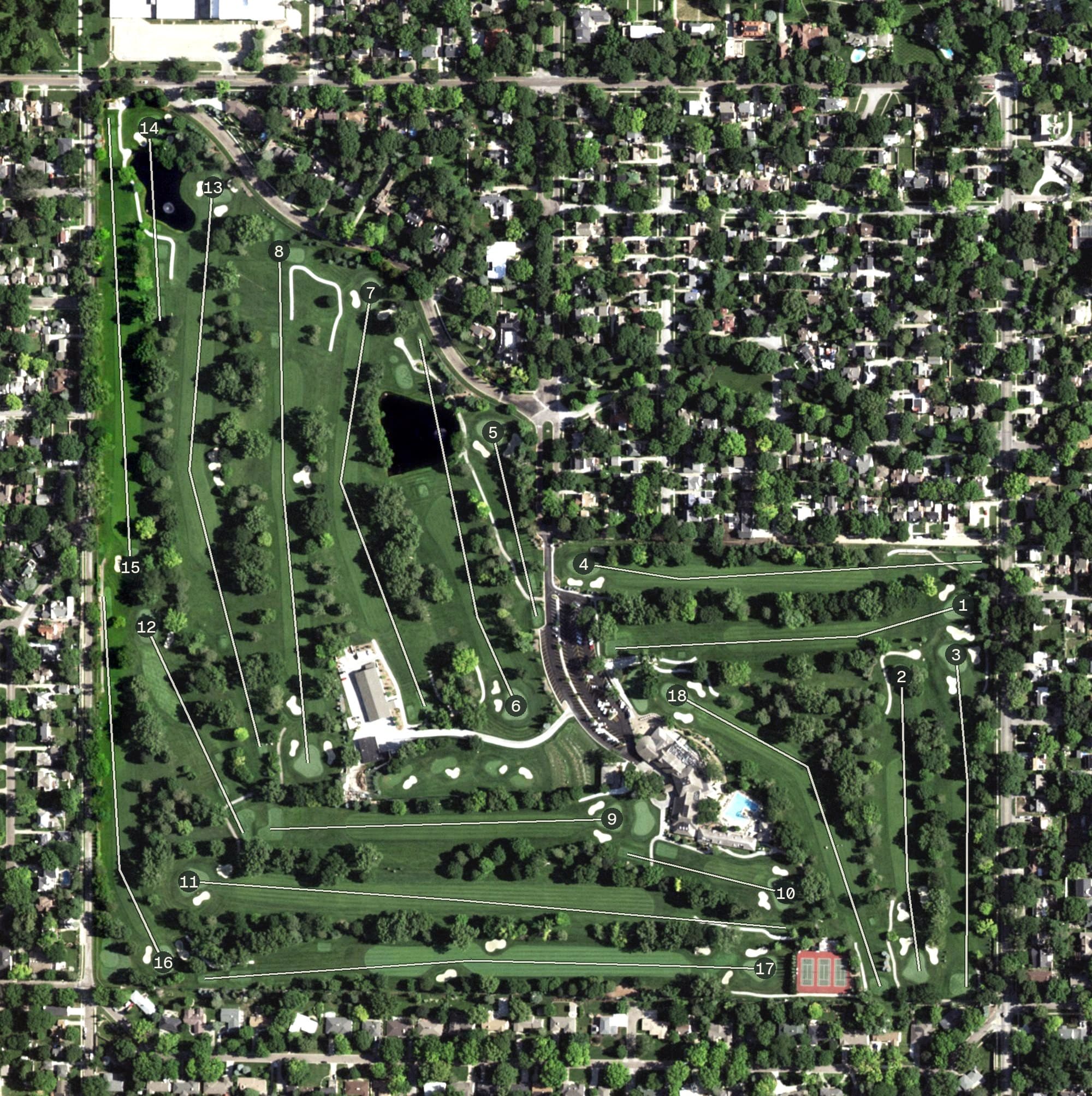 Aerial view of Country Club of Lincoln, NE, with its hole routing marked