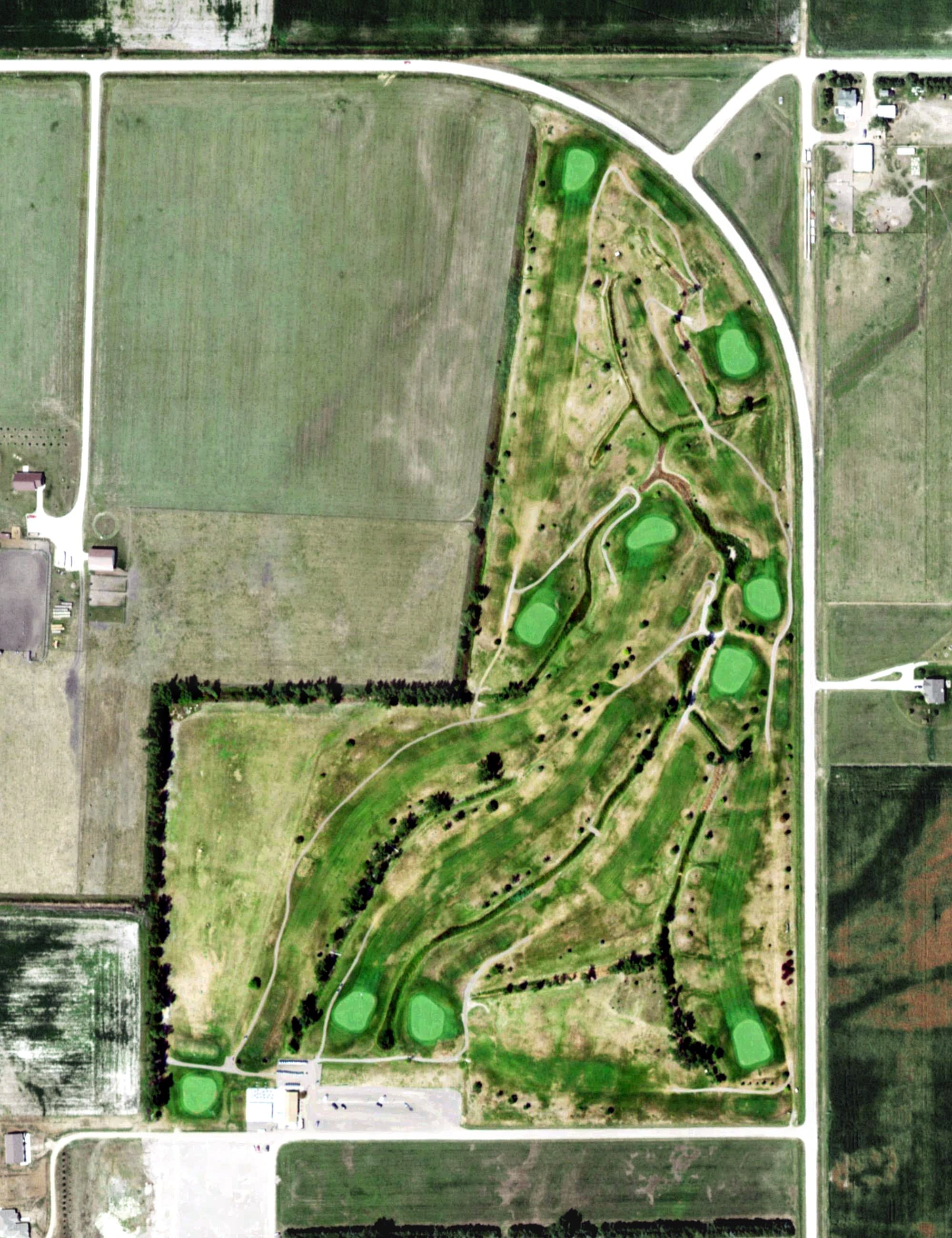 Aerial view of Country Drive Golf Course, NE, with its hole routing marked