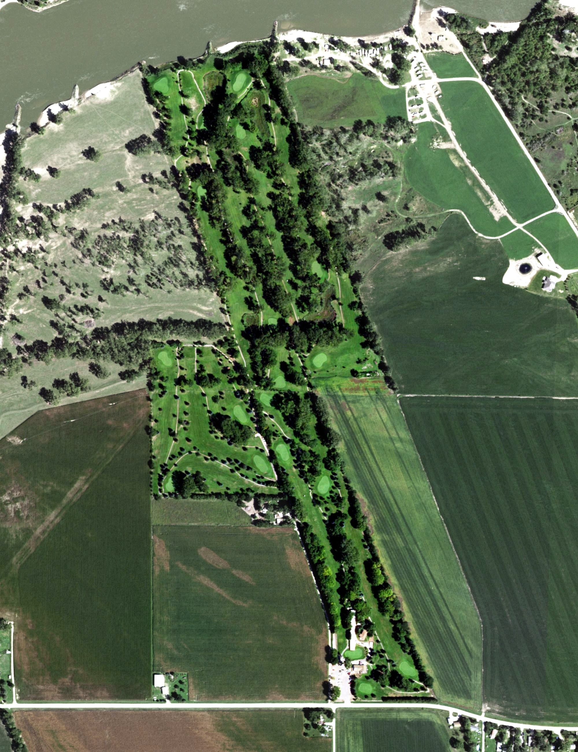 Aerial view of Covington Links Golf Course, NE, with its hole routing marked
