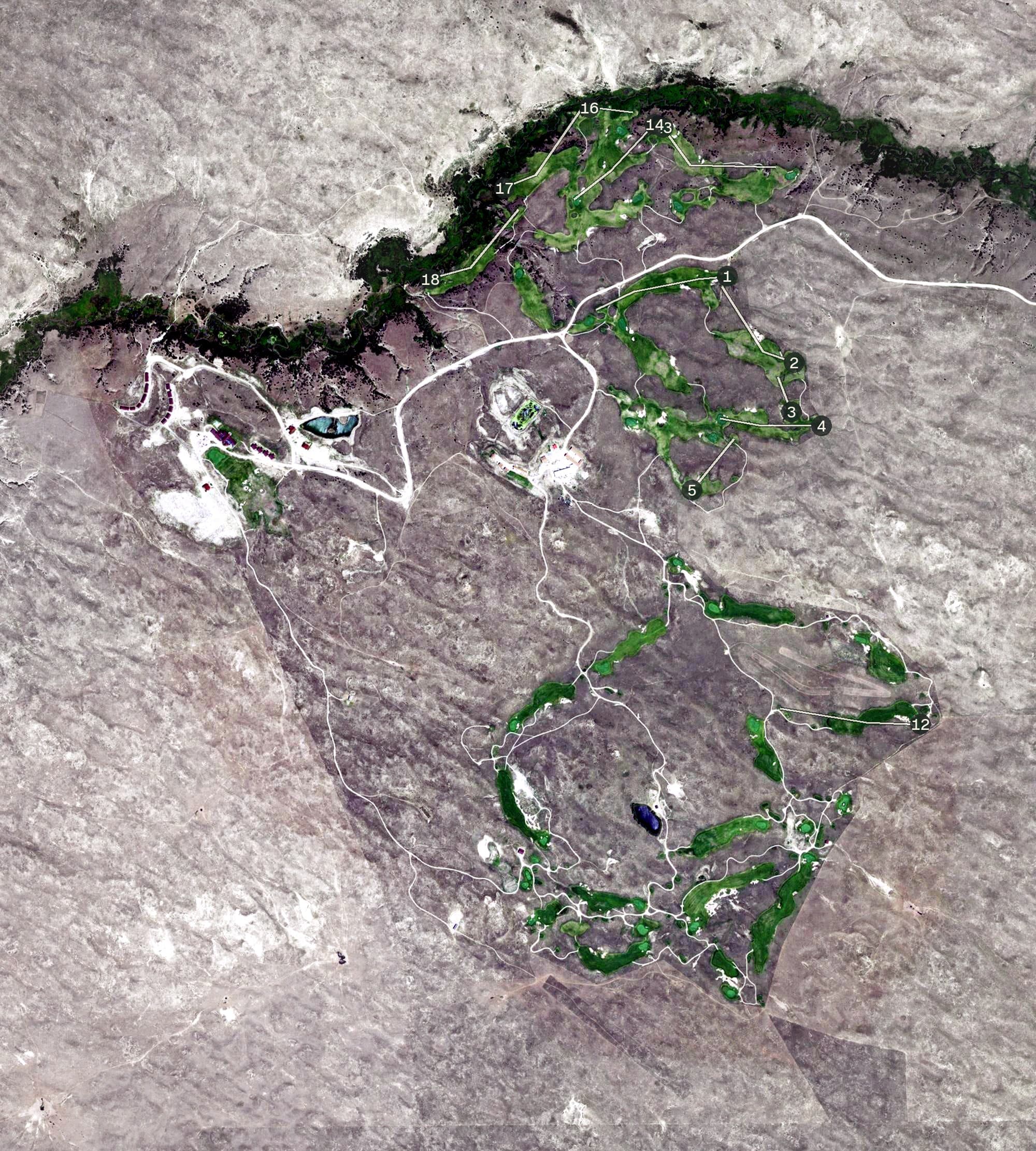 Aerial view of Dismal River Club, NE, with its hole routing marked