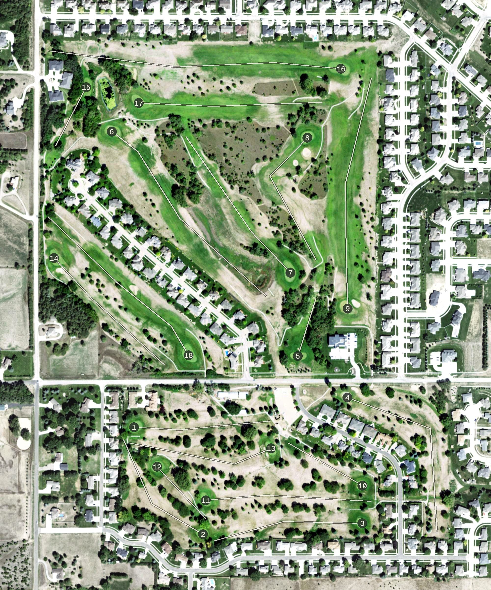 Aerial view of Eldorado Hills Golf Club, NE, with its hole routing marked