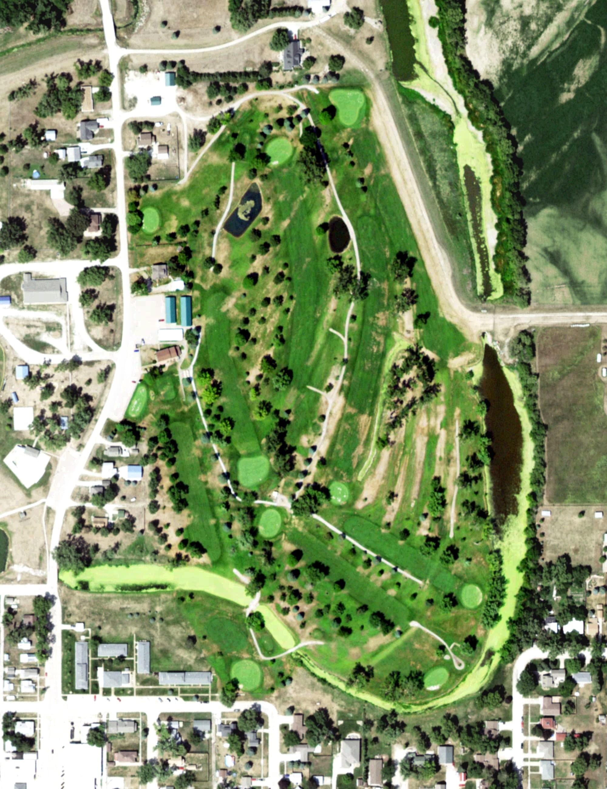 Aerial view of Elkhorn Valley Golf Course, NE, with its hole routing marked