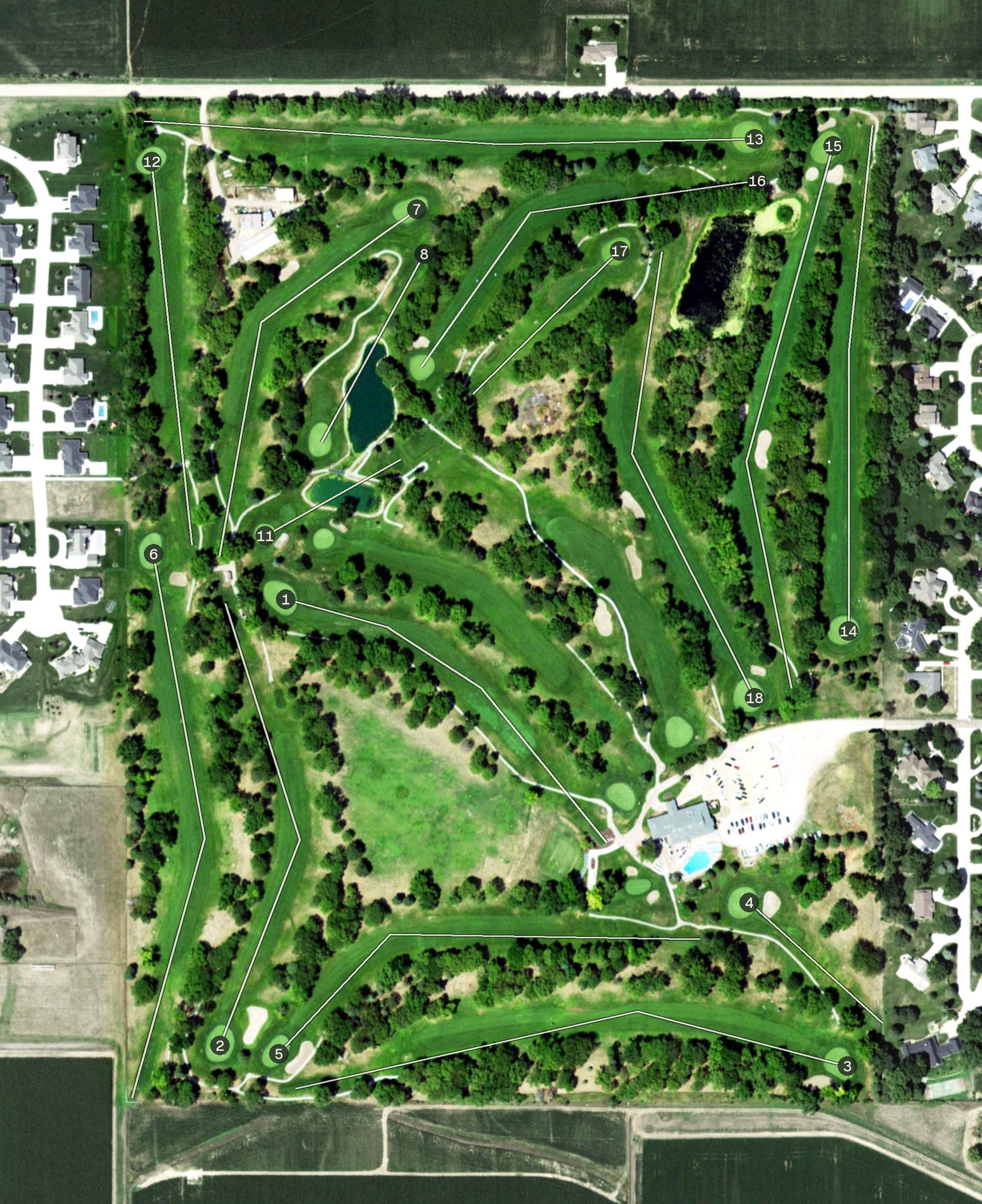 Aerial view of Elks Country Club, NE, with its hole routing marked