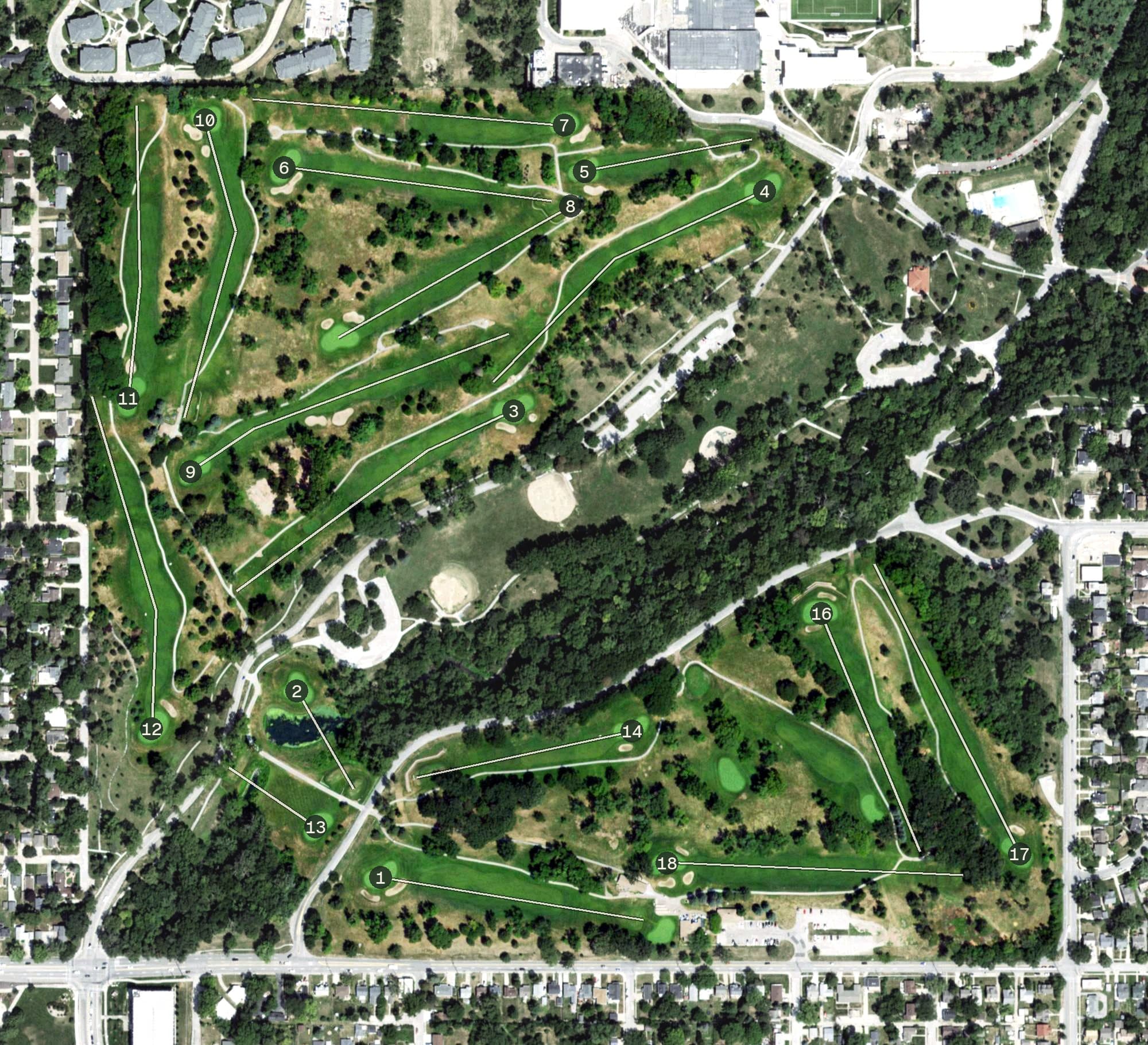 Aerial view of Elmwood Park Golf Course, NE, with its hole routing marked
