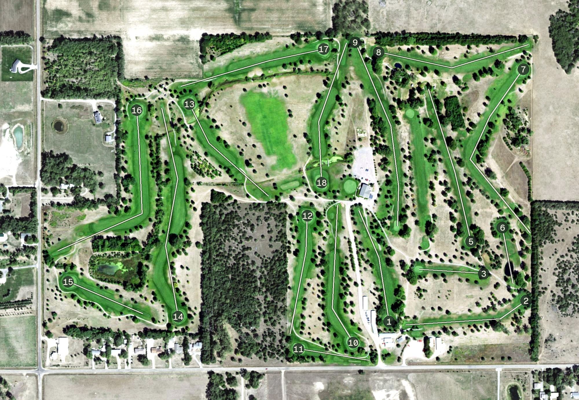 Aerial view of Fair Play Golf Course, NE, with its hole routing marked