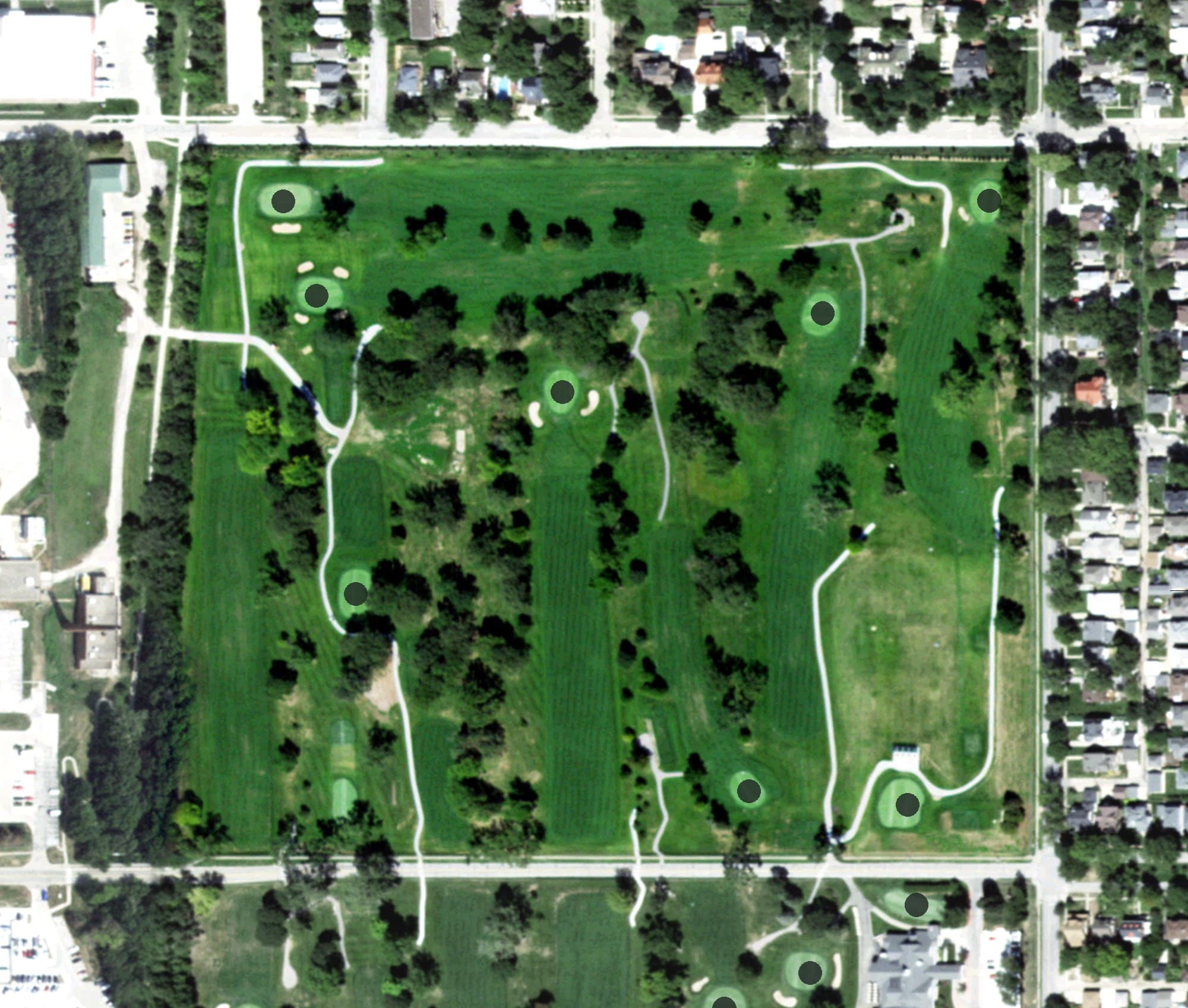 Aerial view of Field Club of Omaha (north), NE, with its hole routing marked