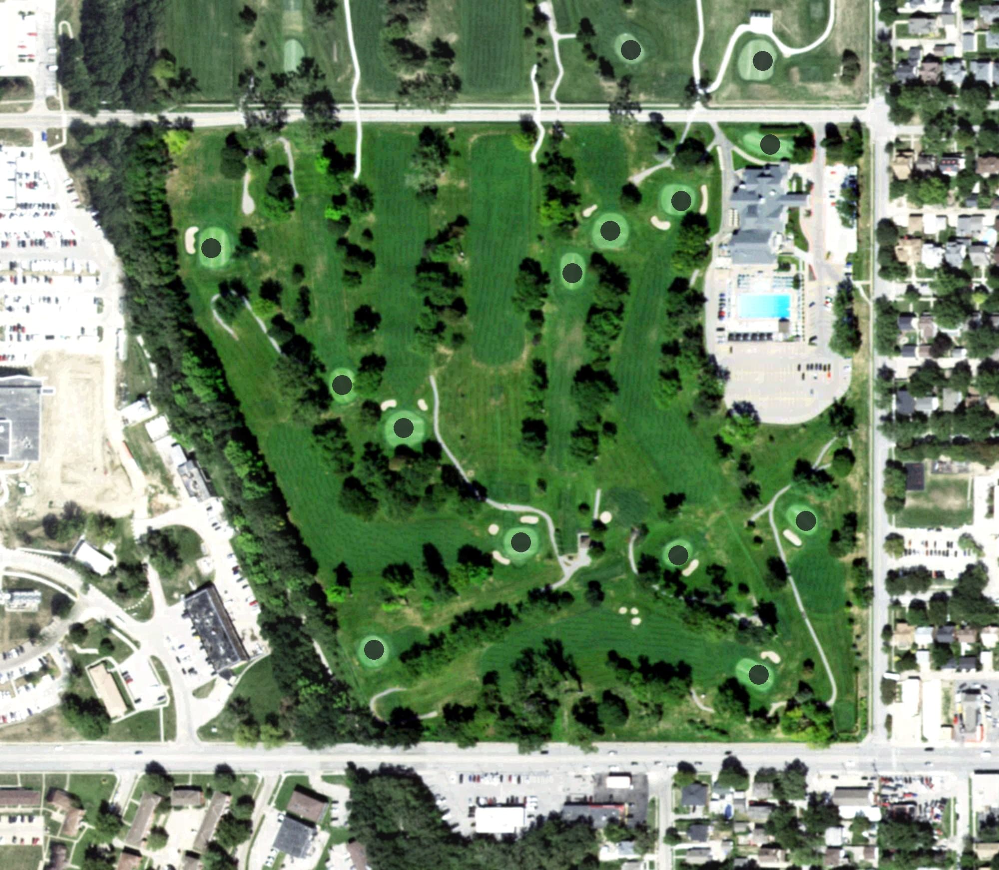 Aerial view of Field Club of Omaha (south), NE, with its hole routing marked
