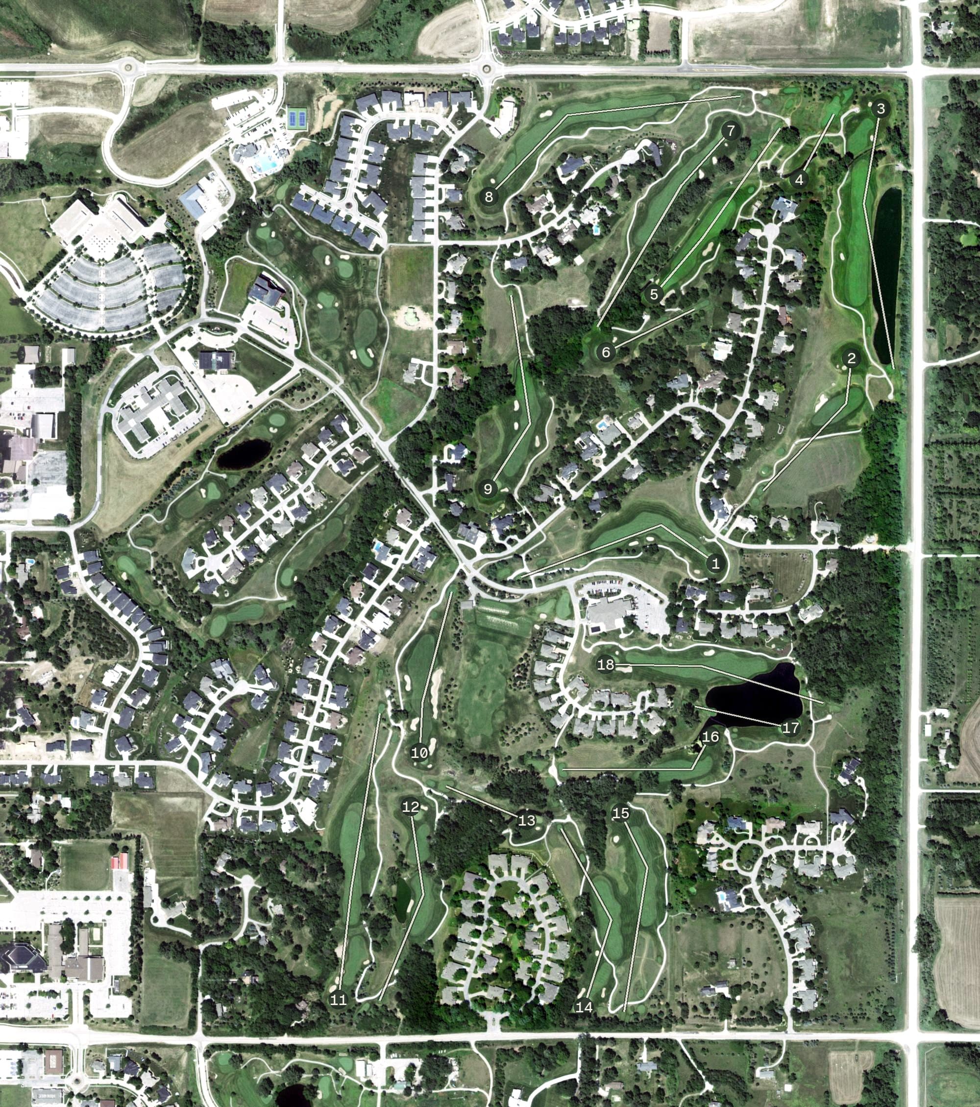 Aerial view of Firethorn Golf Club, NE, with its hole routing marked