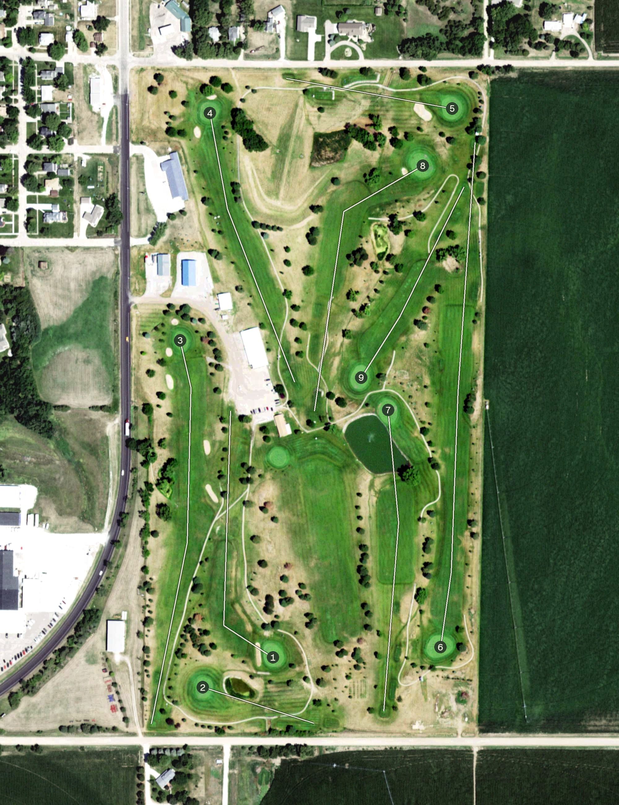 Aerial view of Fox Hollow Golf Course, NE, with its hole routing marked