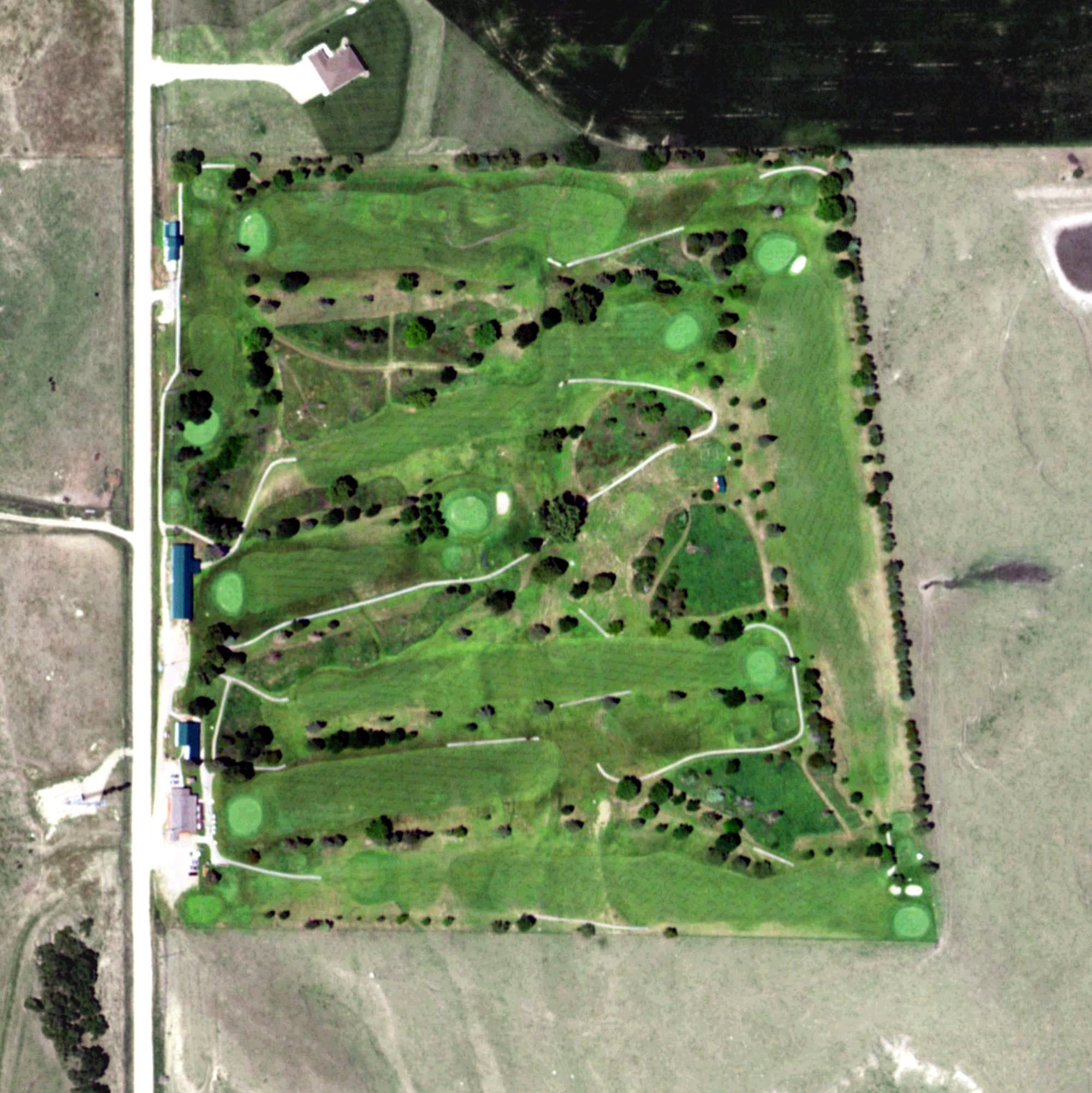 Aerial view of Gibbon Valley View Golf Club, NE, with its hole routing marked